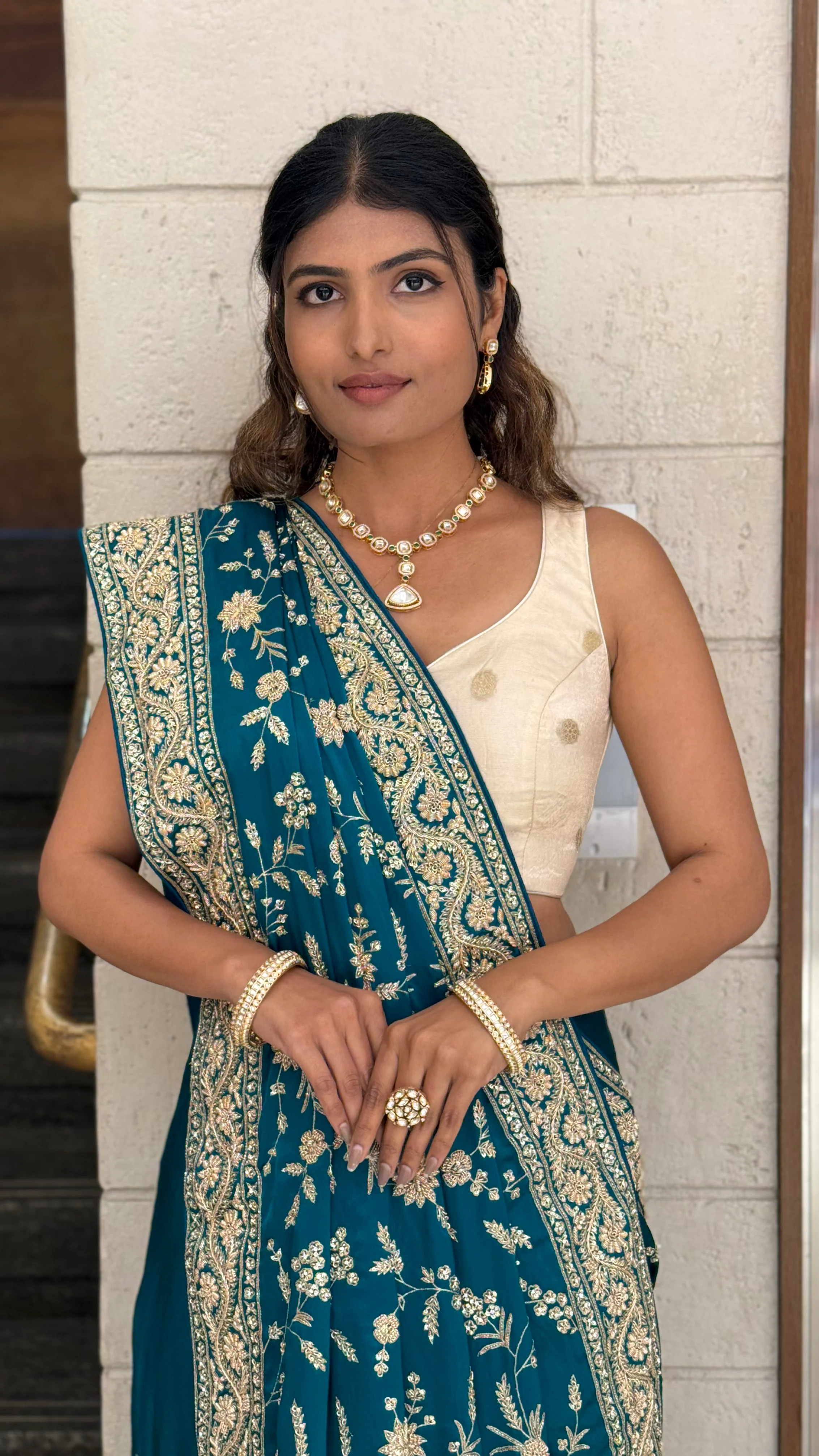 Teal Blue Heavy Embroidered Designer Saree with Gold Zari Work & Contrast Blouse - Image 4
