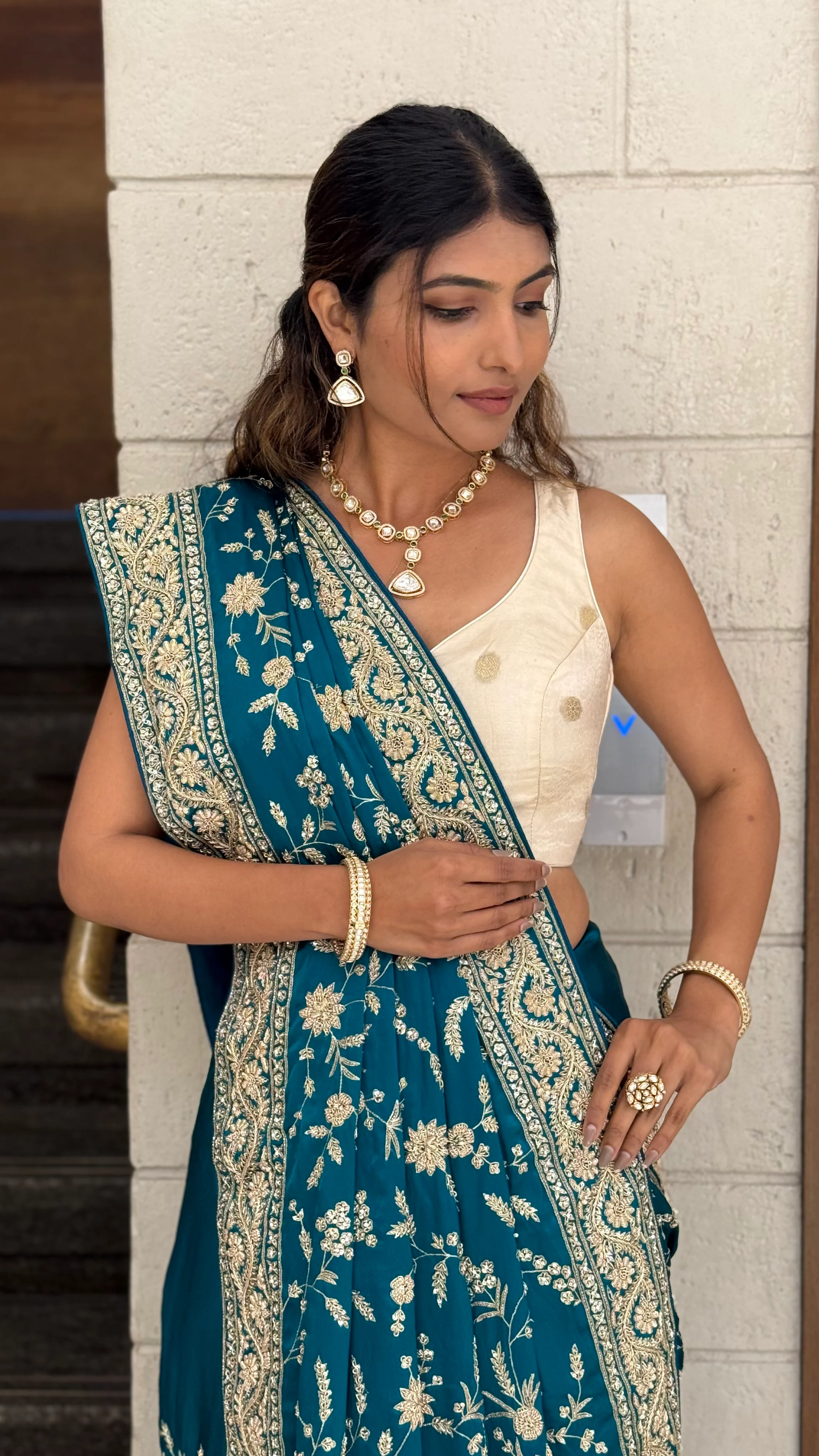 Teal Blue Heavy Embroidered Designer Saree with Gold Zari Work & Contrast Blouse - Image 5