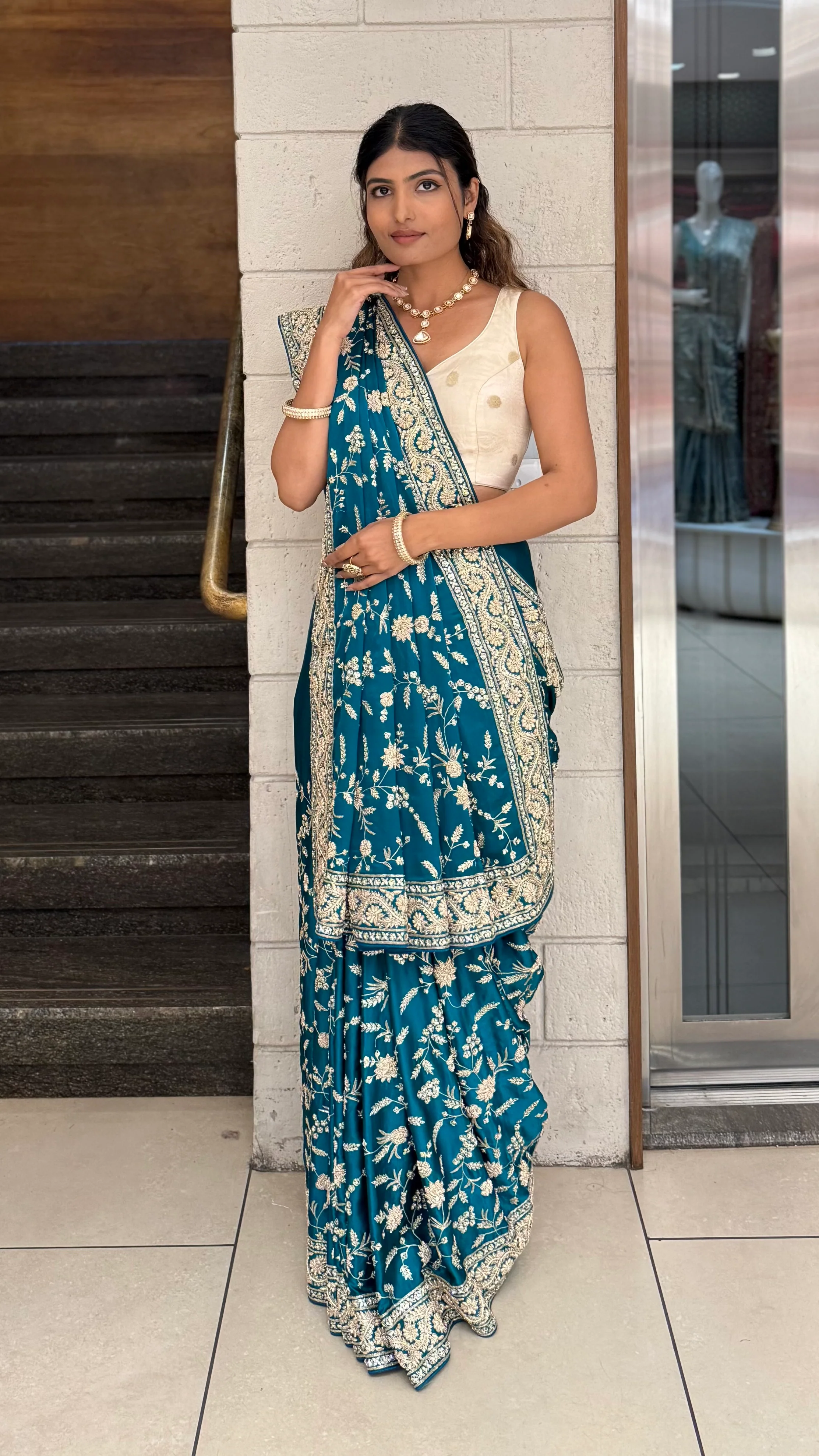 Teal Blue Heavy Embroidered Designer Saree with Gold Zari Work & Contrast Blouse - Image 6