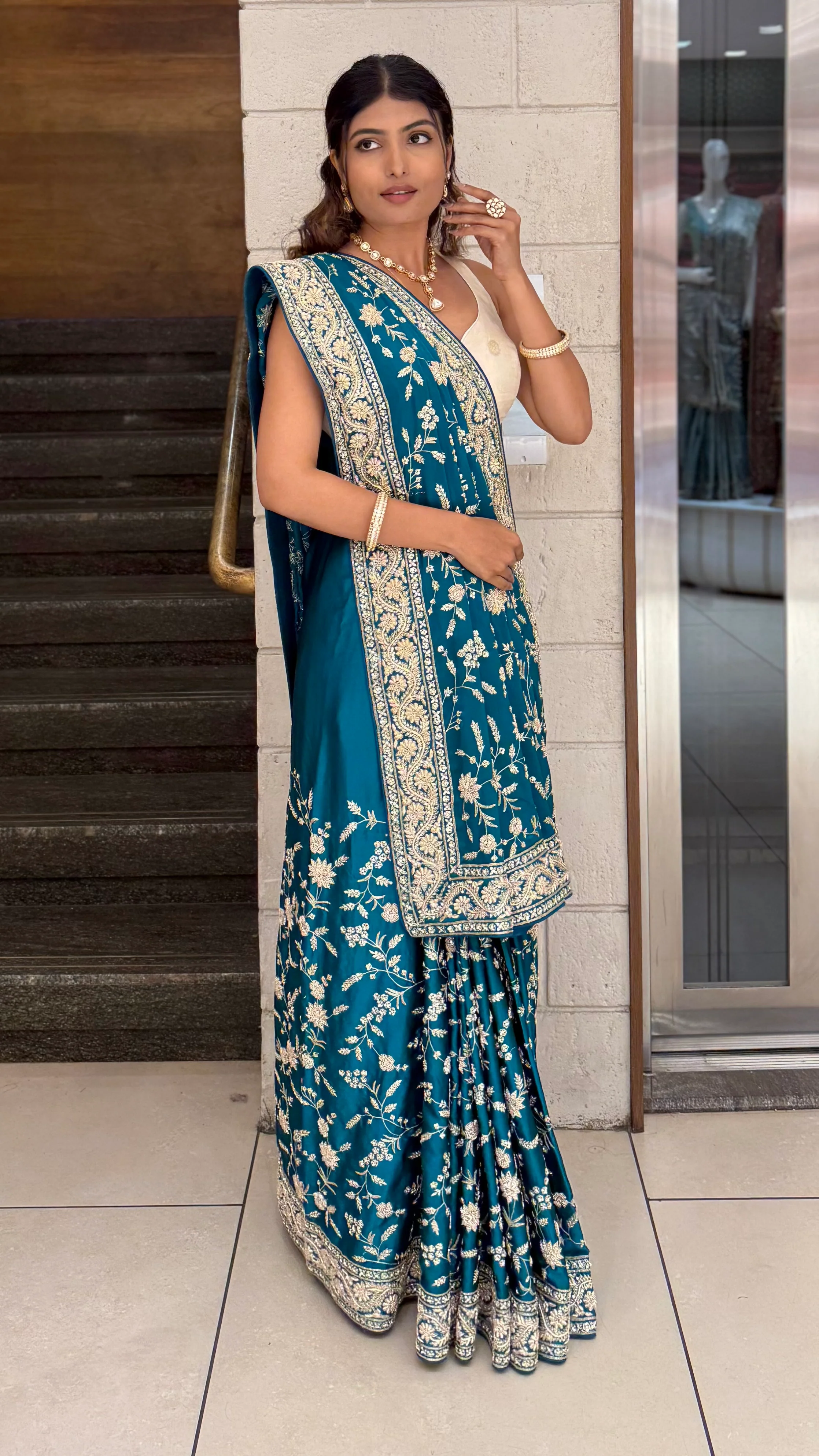 Teal Blue Heavy Embroidered Designer Saree with Gold Zari Work & Contrast Blouse - Image 7