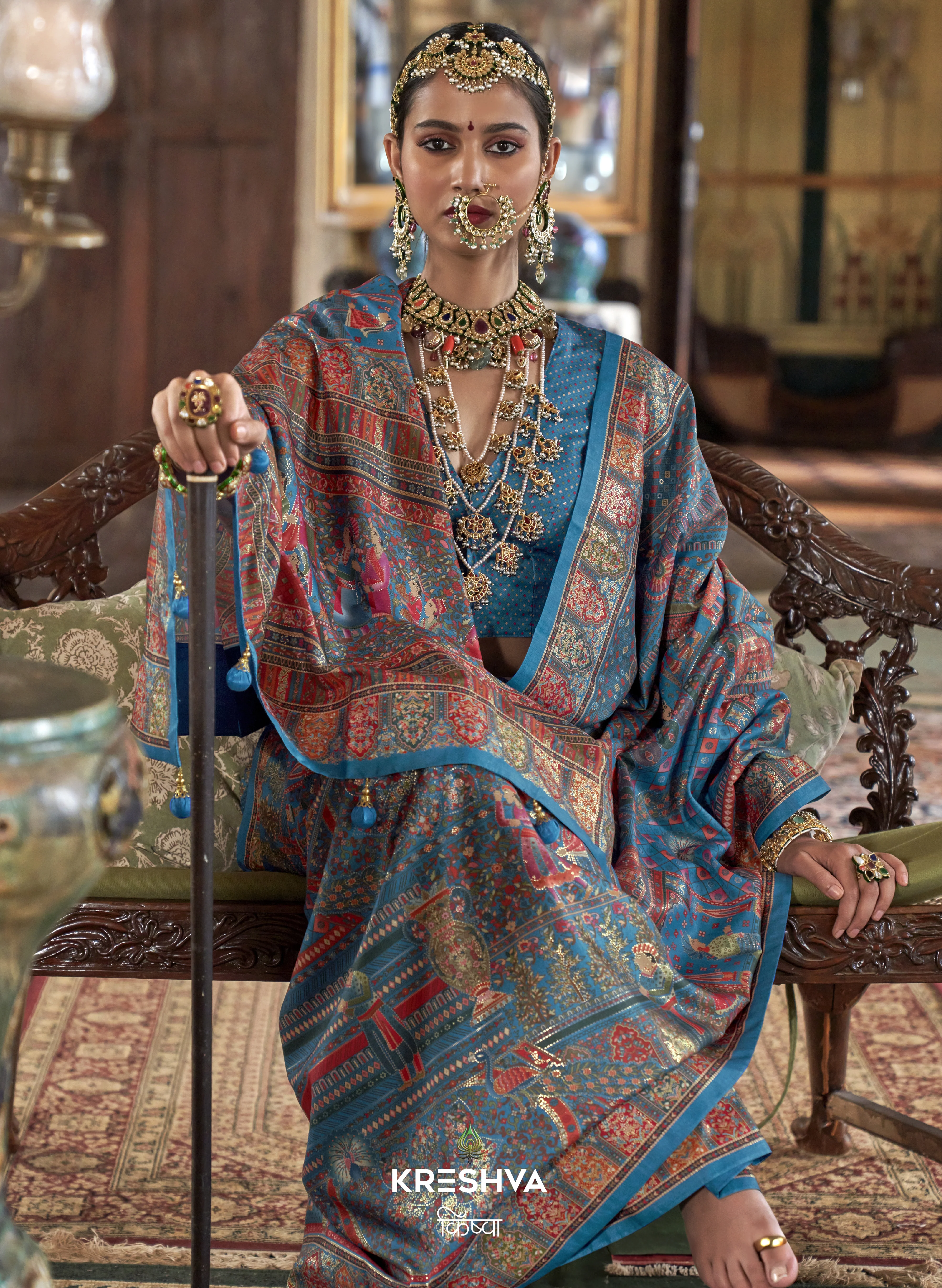 Teal Blue Heritage Pashmina Inspired Designer Saree with Royal Traditional Border - Image 2