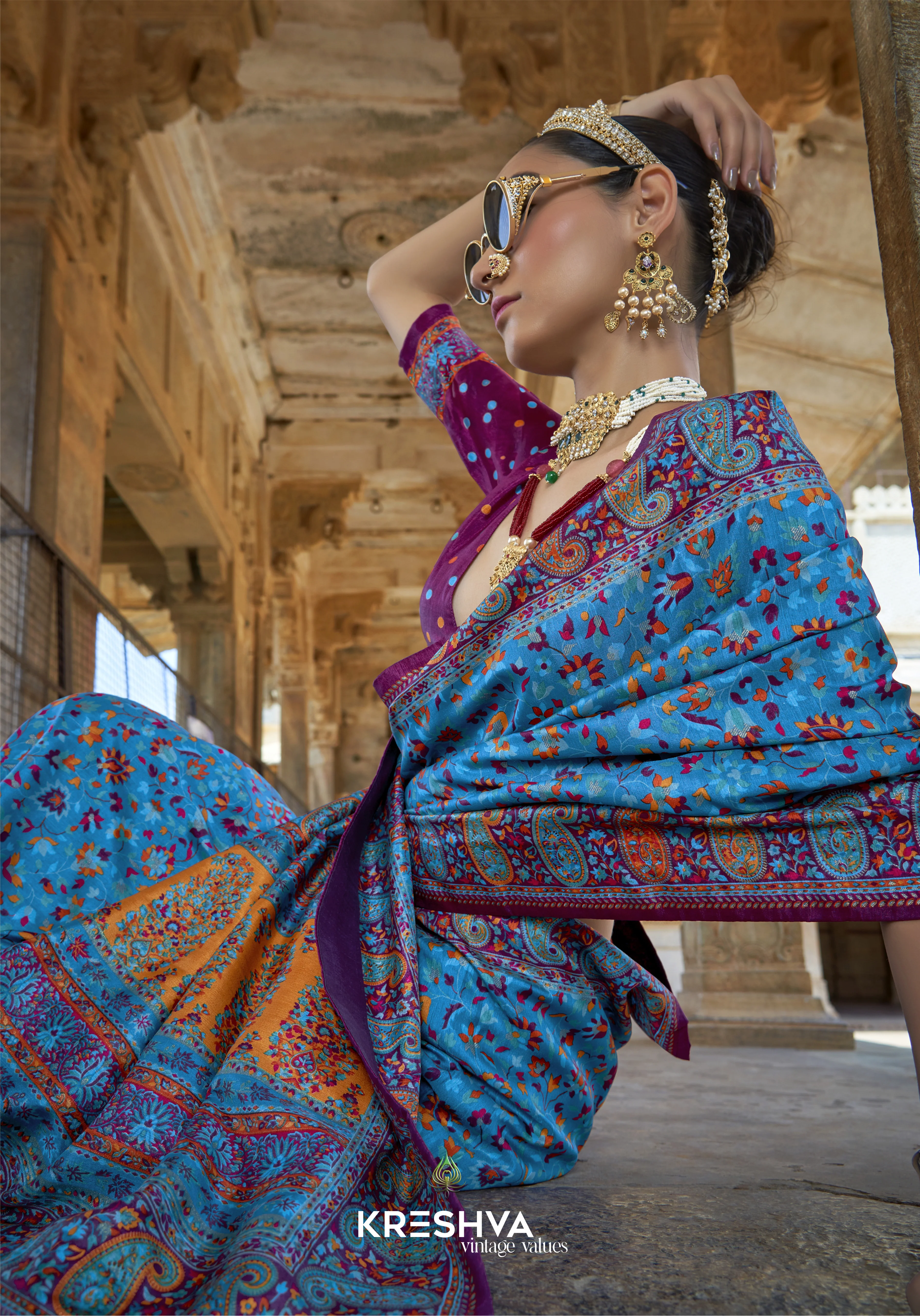 Teal Blue Kalamkari Pashmina Inspired Designer Saree with Magenta Heritage Border - Image 2