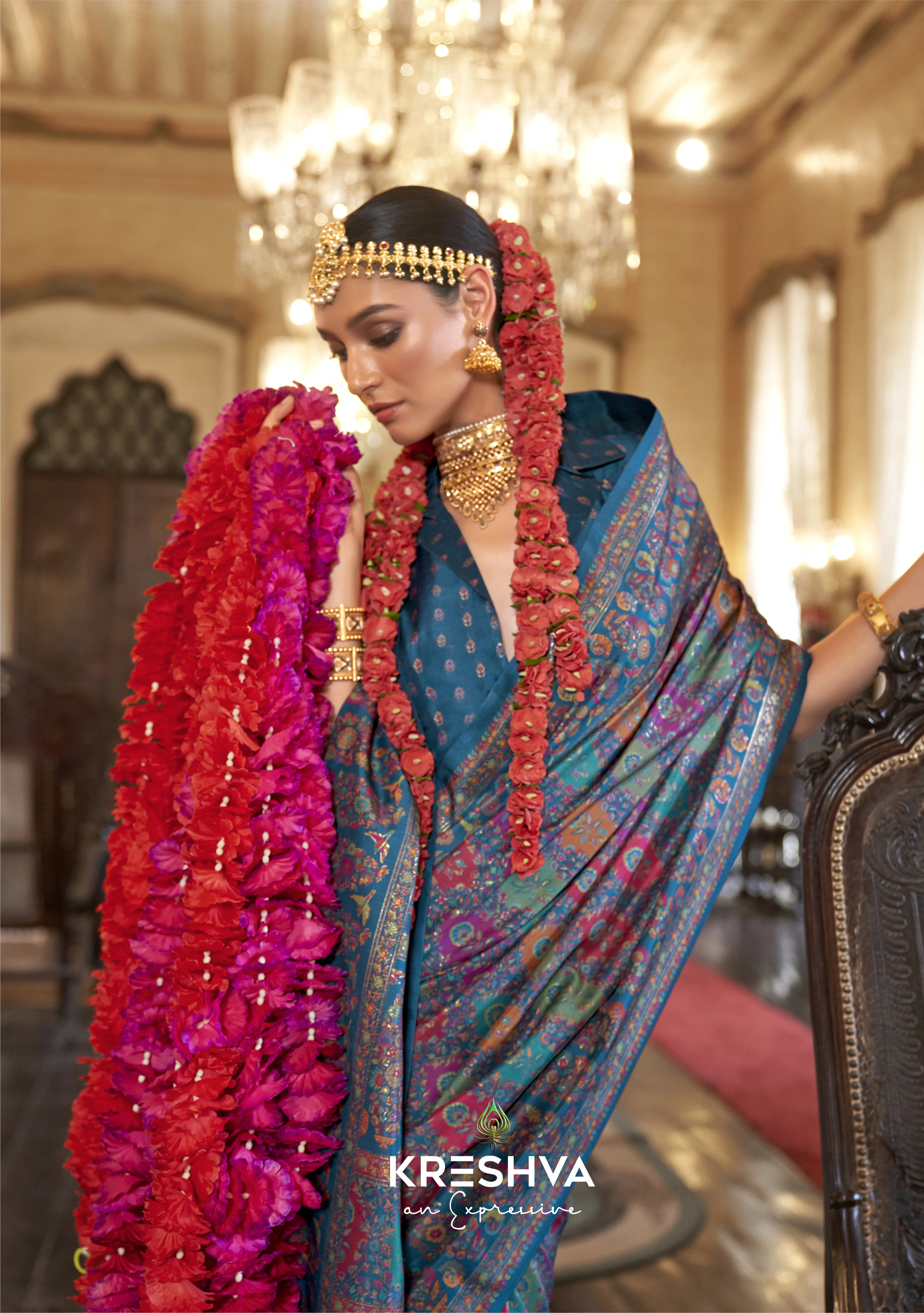Teal Blue Pashmina Inspired Heritage Designer Saree - Image 2