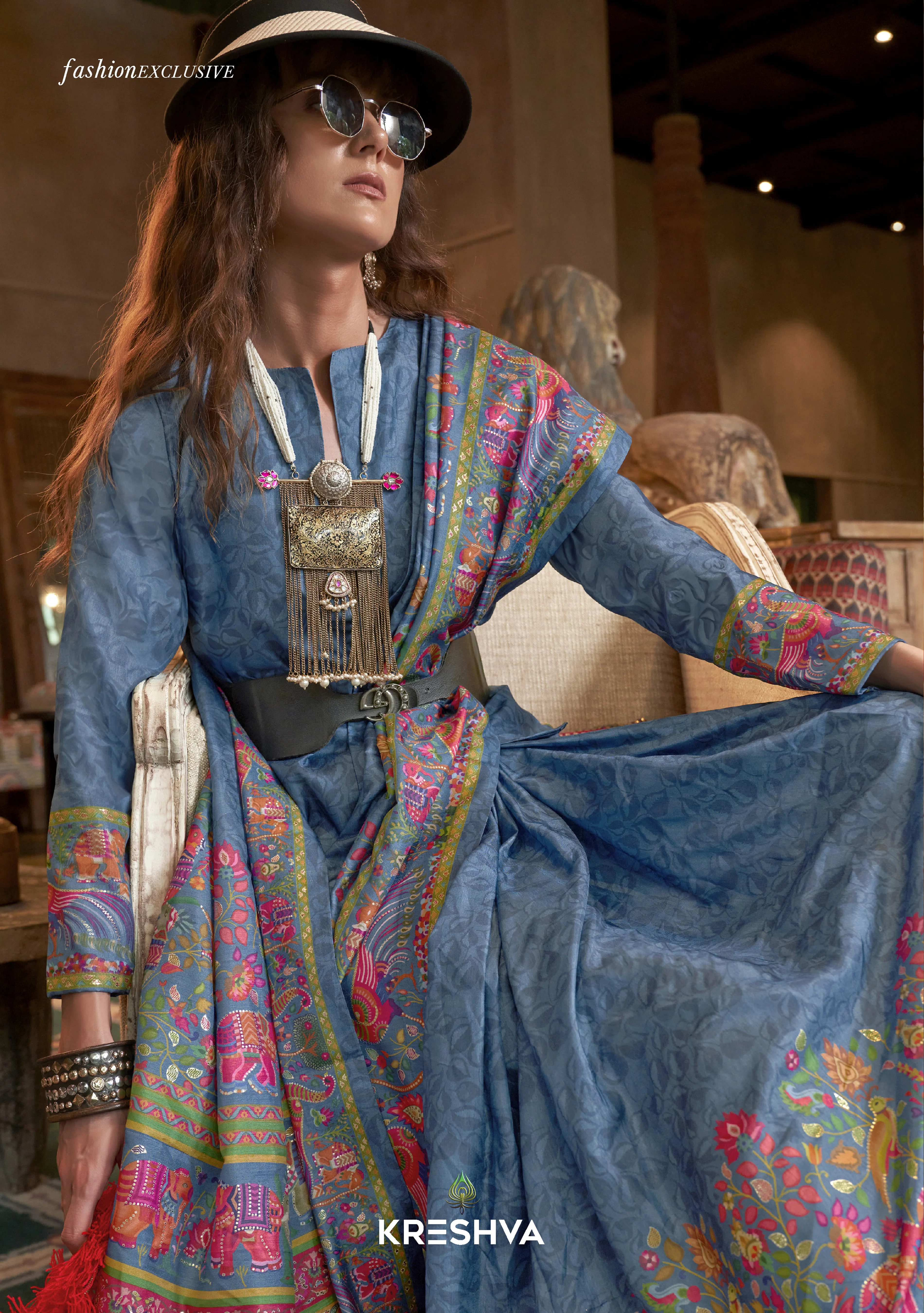 Teal Blue Pashmina Prints Inspired Designer Saree with Folk Motifs - Image 2