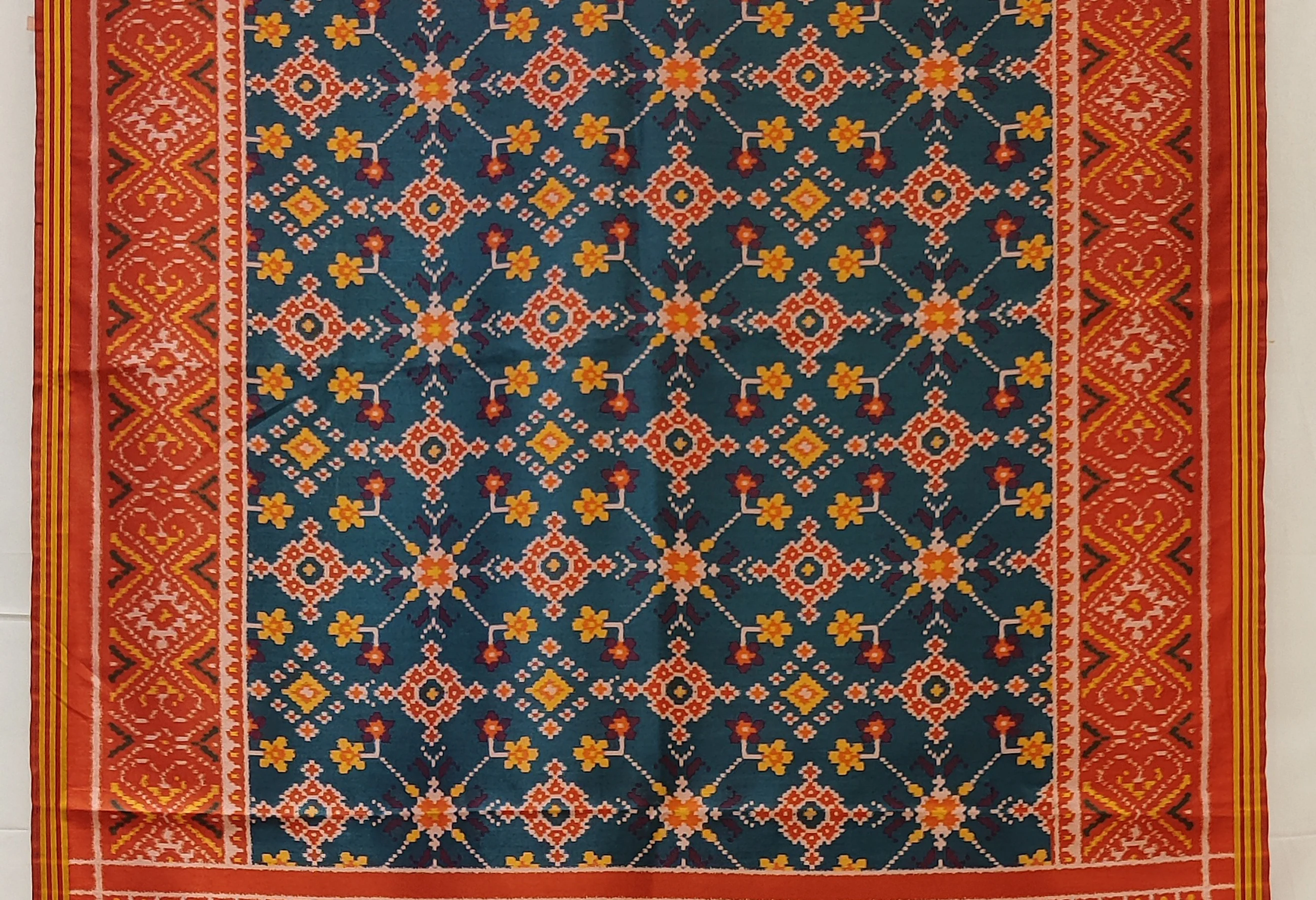 Teal Blue Patola Inspired Silk Blend Saree with Traditional Gujarati Motifs P171 - Image 2