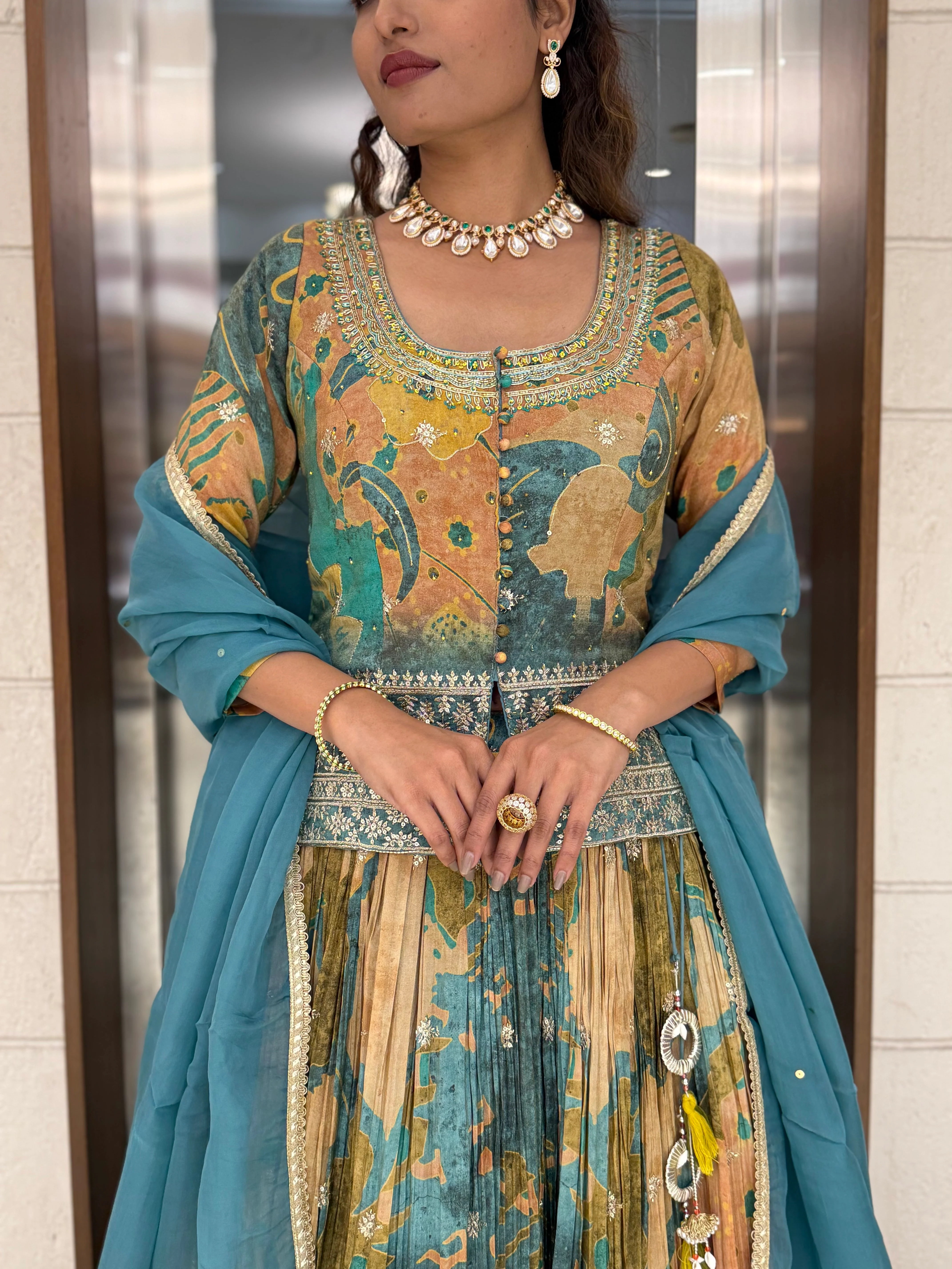 Teal Blue & Peach Printed Designer Peplum Lehenga Set with Flared Sleeves & Tassel Accents - Image 2