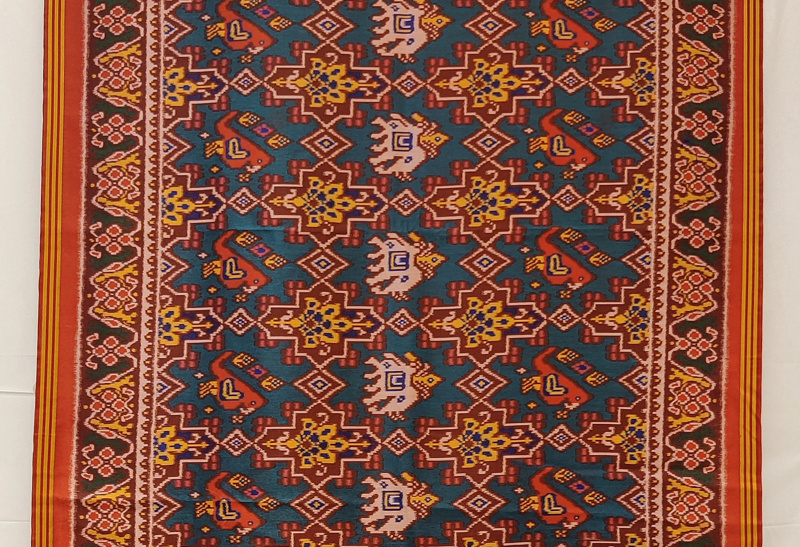 Teal Blue & Rust Red Traditional Patola Inspired Silk Blend Saree with Folk Motifs P106 - Image 2
