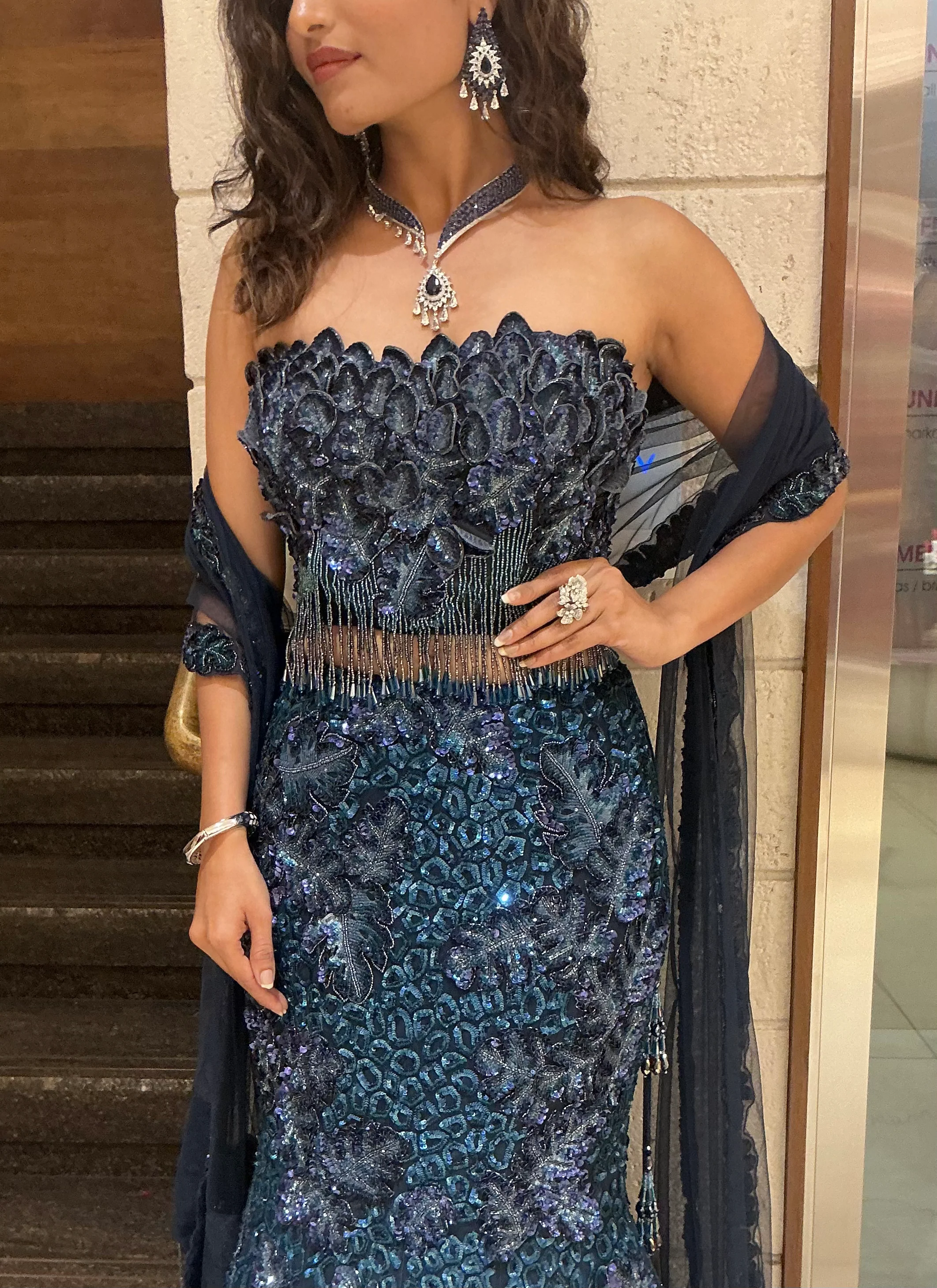 Teal Blue Sequin Designer Heavy Embroidered Bridal Lehenga Set - Image 2