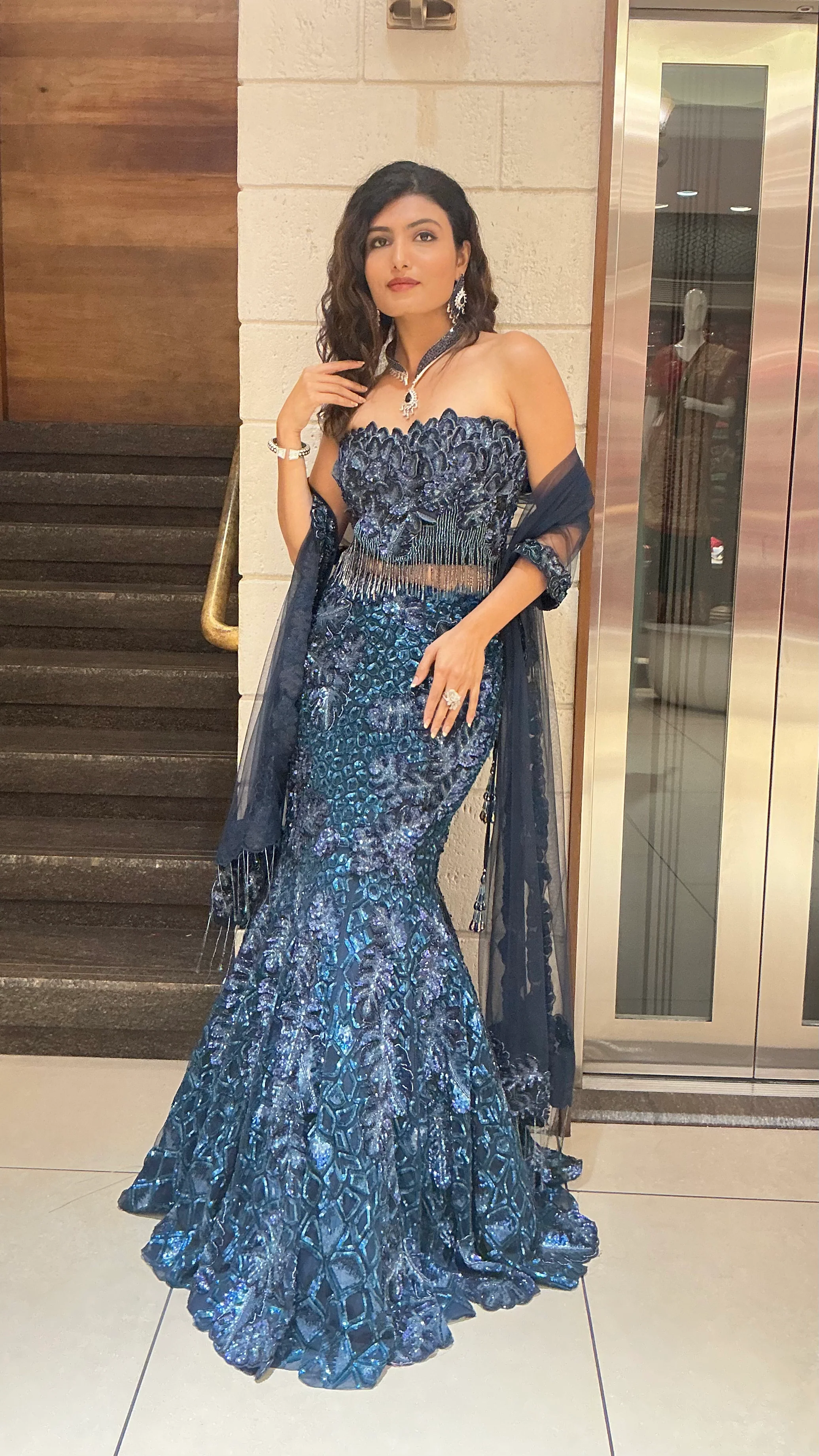 Teal Blue Sequin Designer Heavy Embroidered Bridal Lehenga Set - Image 3