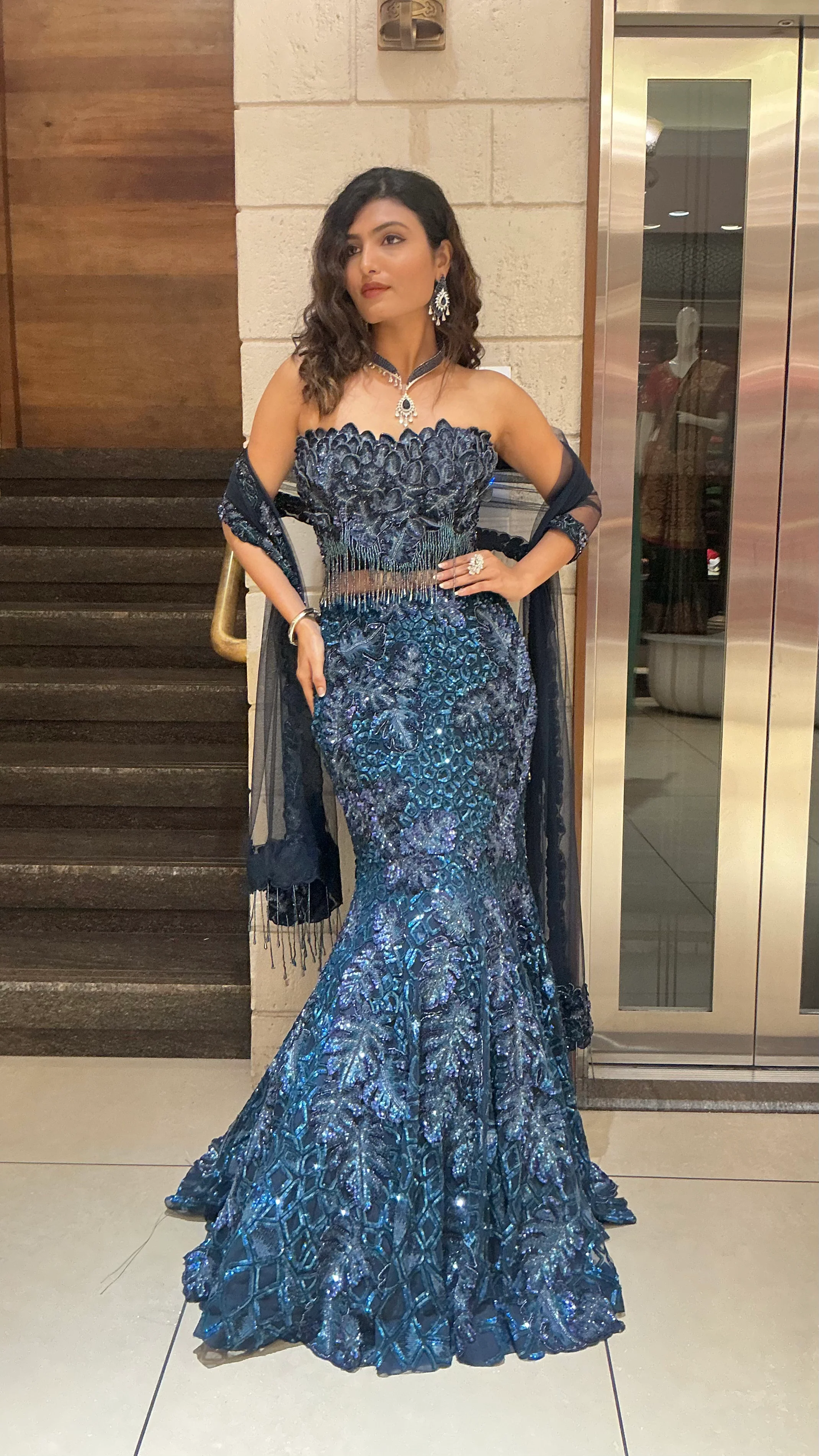 Teal Blue Sequin Designer Heavy Embroidered Bridal Lehenga Set - Image 4