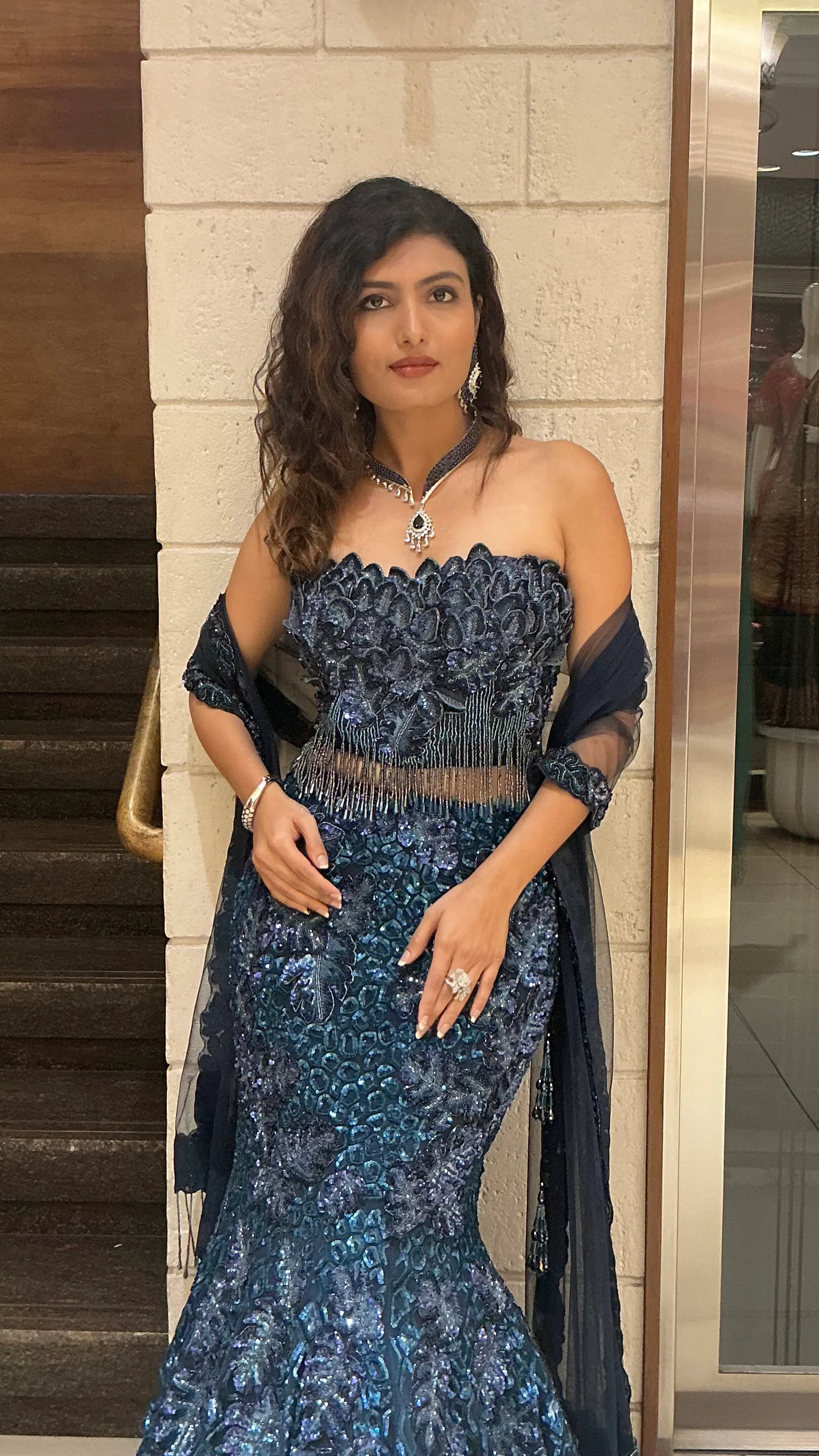 Teal Blue Sequin Designer Heavy Embroidered Bridal Lehenga Set - Image 5