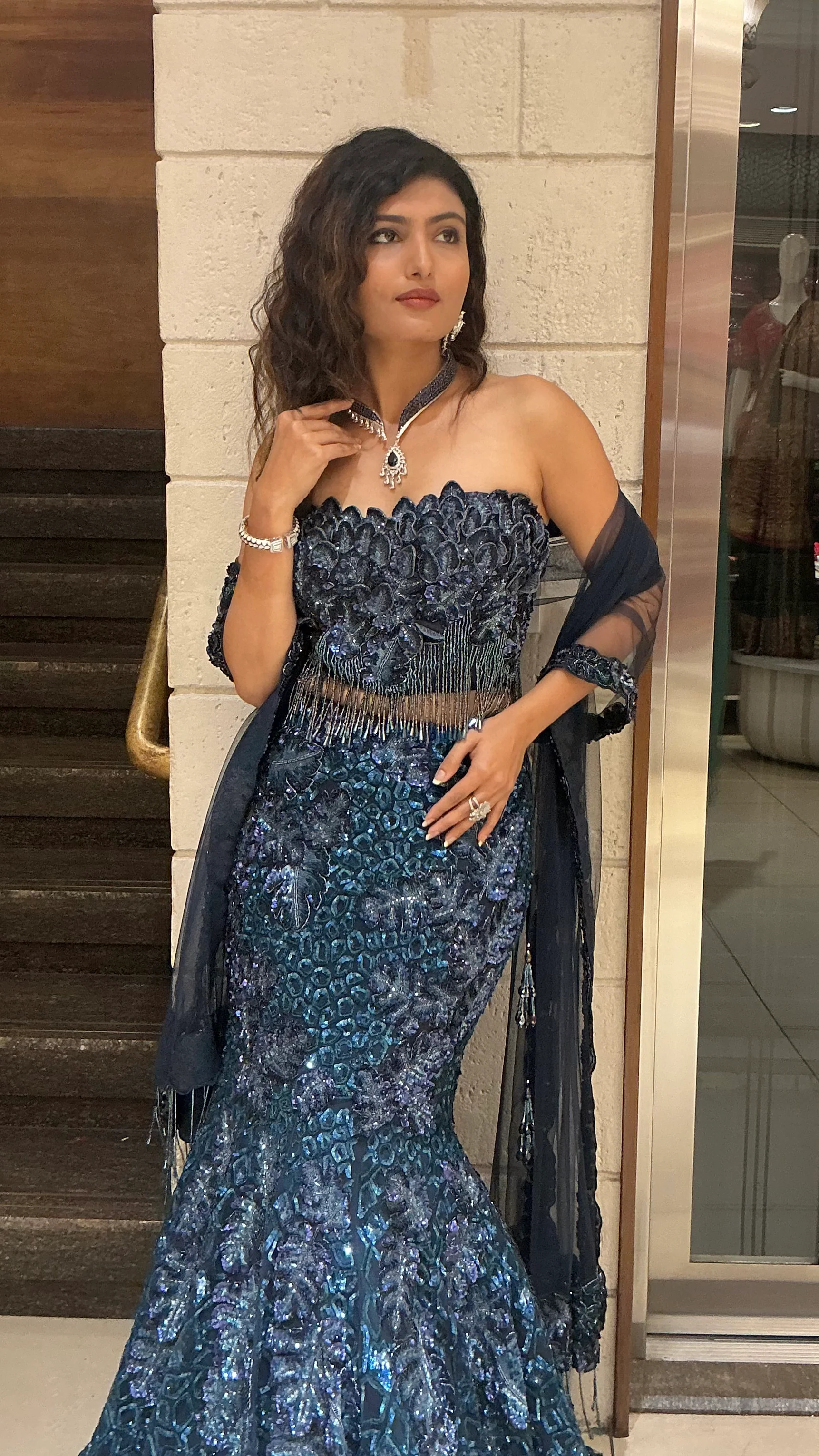 Teal Blue Sequin Designer Heavy Embroidered Bridal Lehenga Set - Image 6