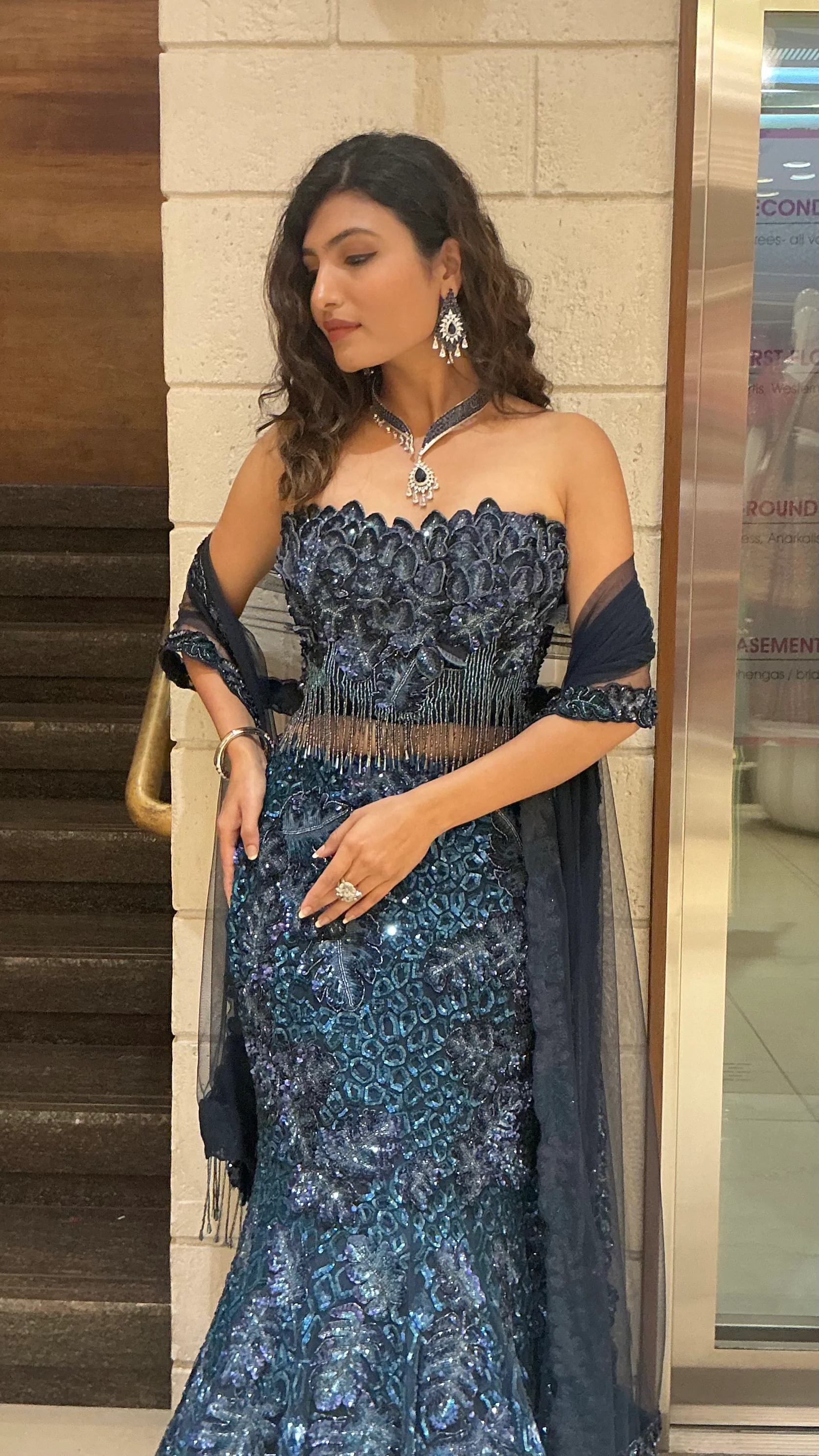Teal Blue Sequin Designer Heavy Embroidered Bridal Lehenga Set - Image 7