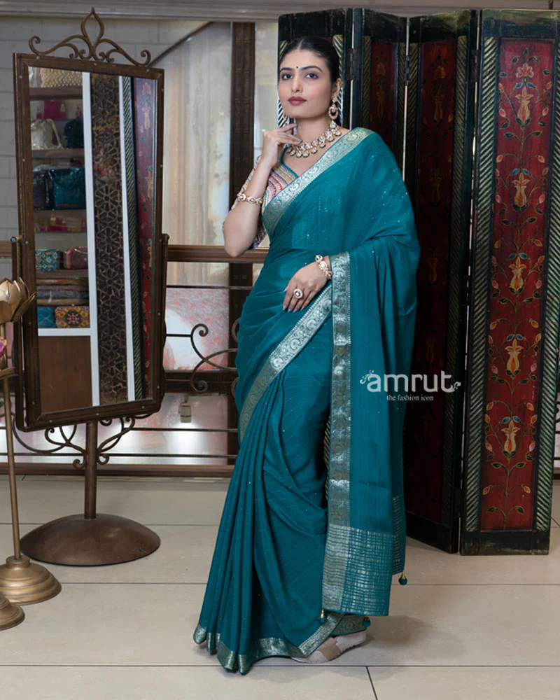 Teal Blue Zari Embroidered Border Saree with Stitched Blouse - Image 2