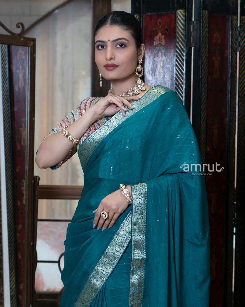 Teal Blue Zari Embroidered Border Saree with Stitched Blouse - Image 3