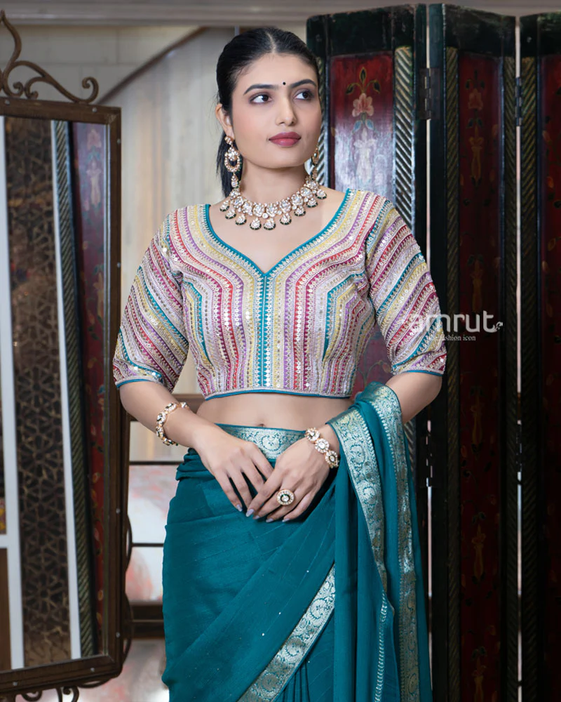 Teal Blue Zari Embroidered Border Saree with Stitched Blouse - Image 4