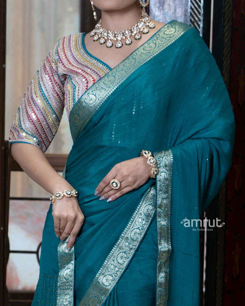 Teal Blue Zari Embroidered Border Saree with Stitched Blouse - Image 5