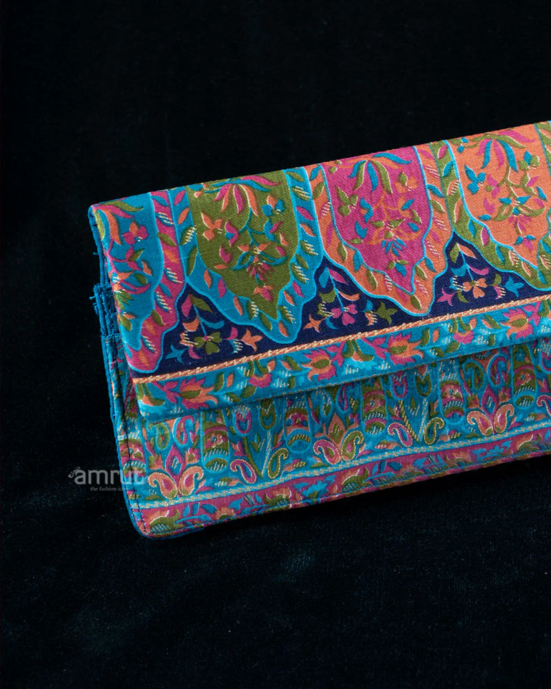 Teal Brocade Clutch with Vibrant Floral and Paisley Motifs Print - Image 2