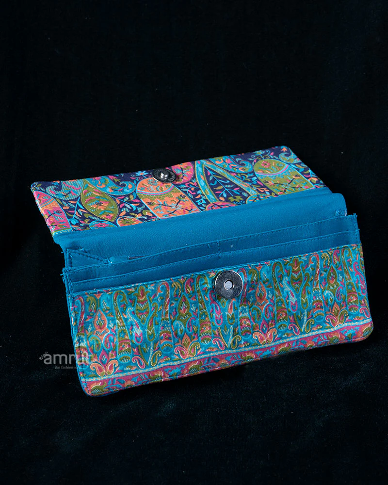 Teal Brocade Clutch with Vibrant Floral and Paisley Motifs Print - Image 3