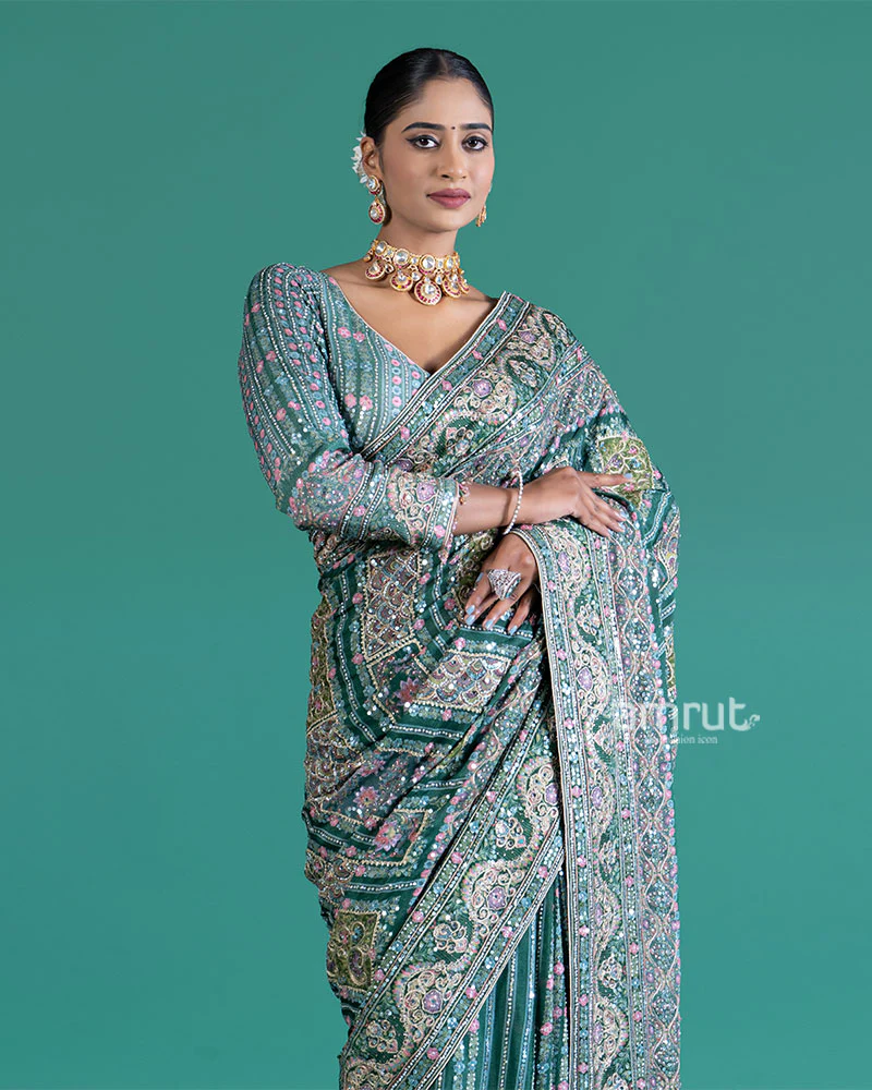 Teal Embroidered Paisley Saree with Matching Embellished Stitched Blouse - Image 2