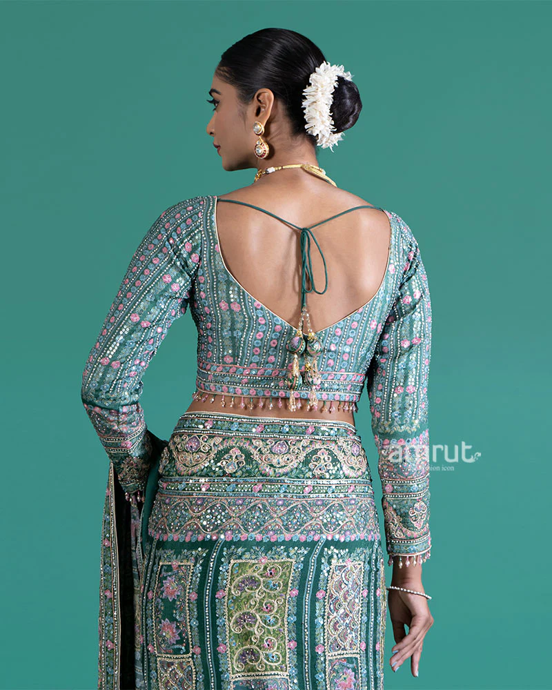 Teal Embroidered Paisley Saree with Matching Embellished Stitched Blouse - Image 4