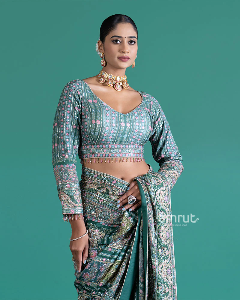 Teal Embroidered Paisley Saree with Matching Embellished Stitched Blouse - Image 5