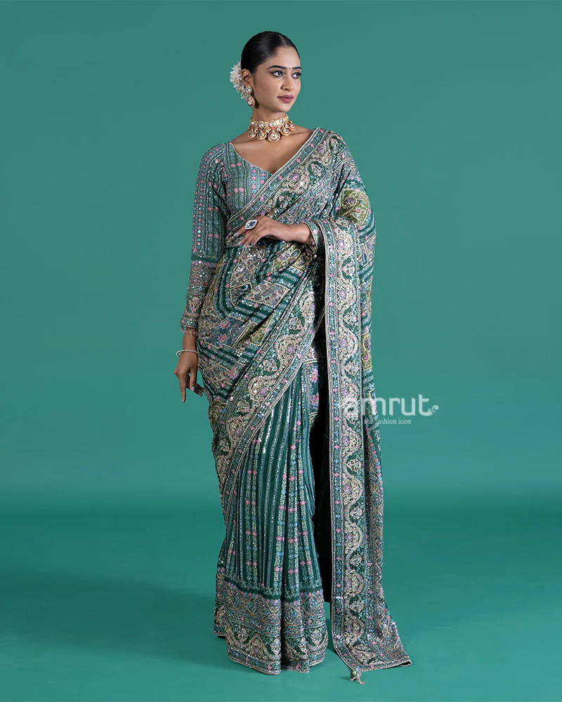 Teal Embroidered Paisley Saree with Matching Embellished Stitched Blouse - Image 6