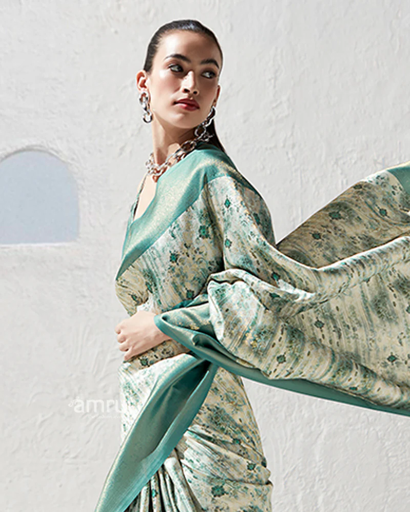 Teal Floral-Print Cream Silk Saree with Unstitched Blouse - Image 2