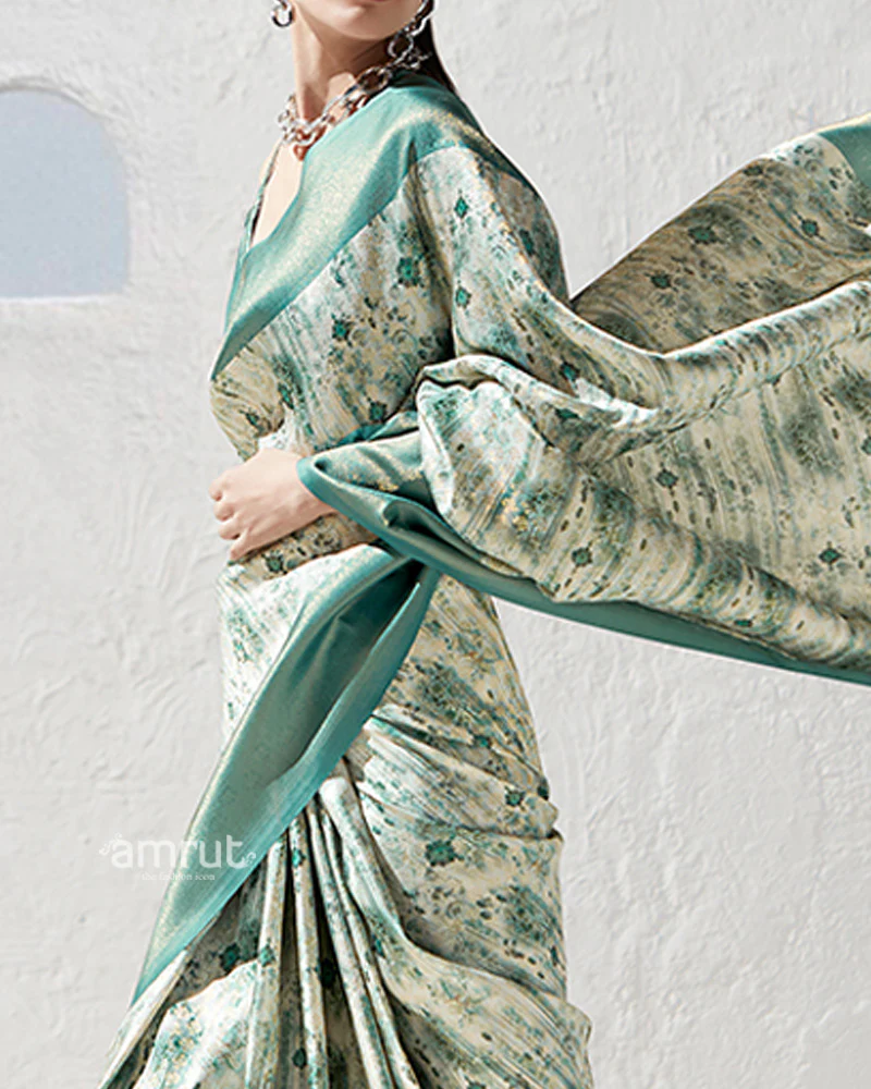 Teal Floral-Print Cream Silk Saree with Unstitched Blouse - Image 3