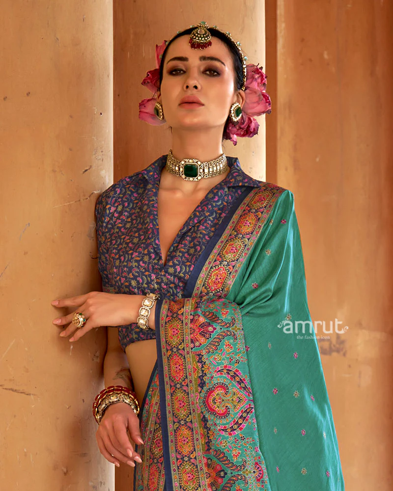 Teal Floral Printed Border Saree with Unstitched Blouse - Image 2