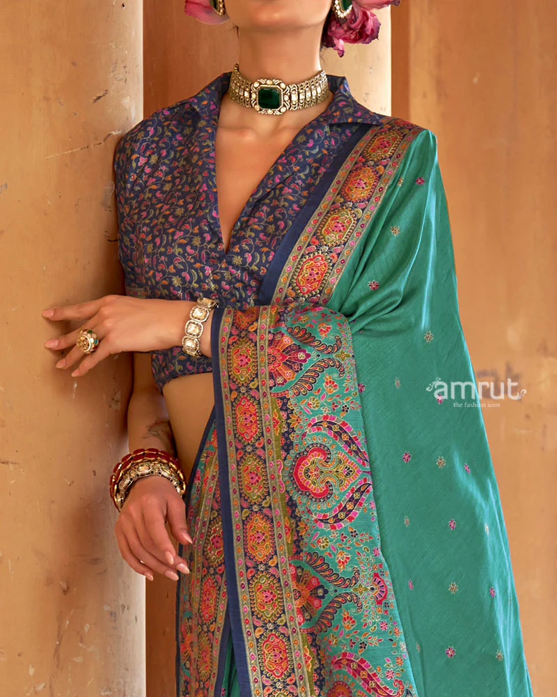 Teal Floral Printed Border Saree with Unstitched Blouse - Image 3