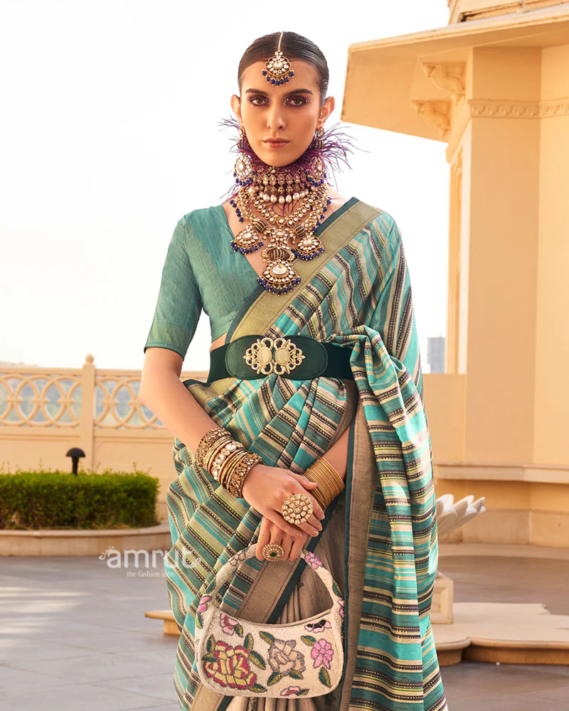 Teal Green and Beige Printed Silk Saree with Unstitched Blouse - Image 2
