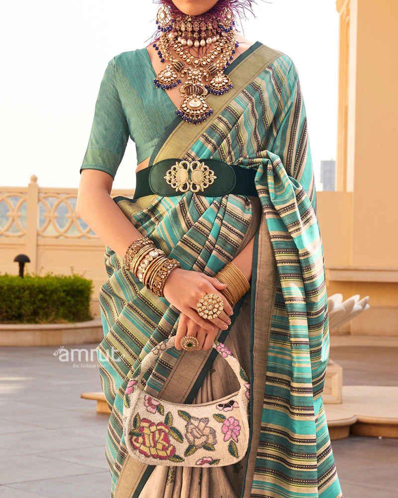 Teal Green and Beige Printed Silk Saree with Unstitched Blouse - Image 3