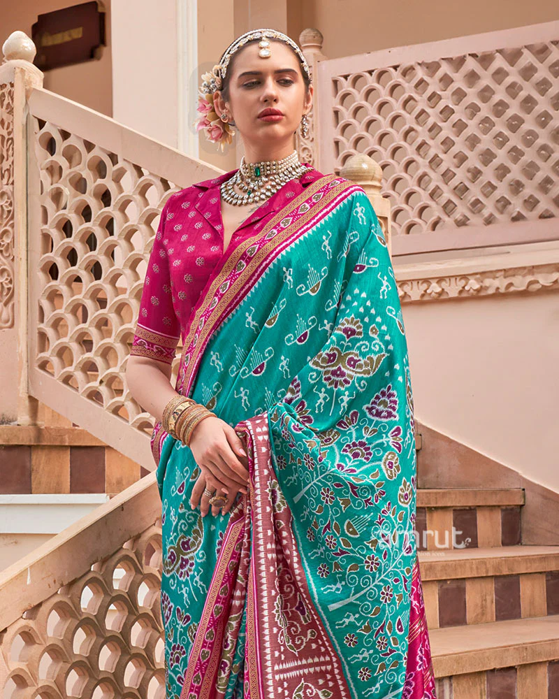 Teal Green and Maroon Broad Border Patola Silk Saree with Unstitched Blouse - Image 2