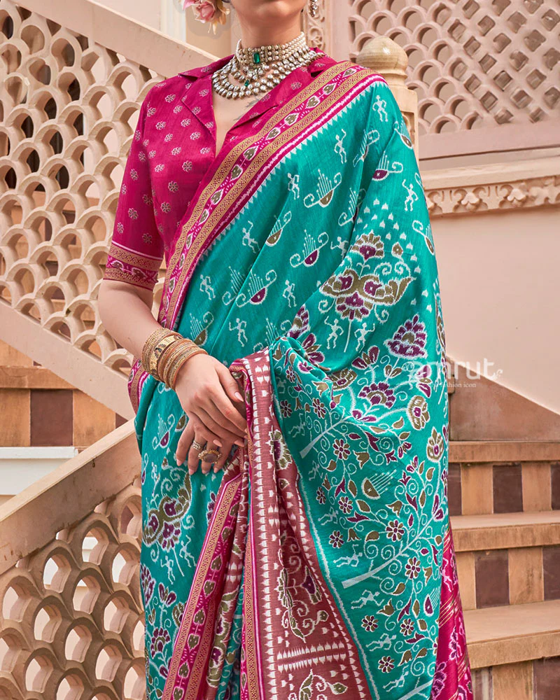 Teal Green and Maroon Broad Border Patola Silk Saree with Unstitched Blouse - Image 3