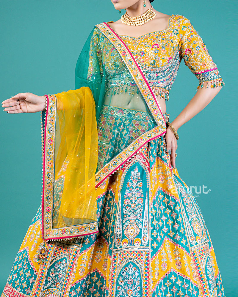 Teal Green and Mustard Yellow Embroidered Lehenga Choli with Yellow Dupatta - Image 3