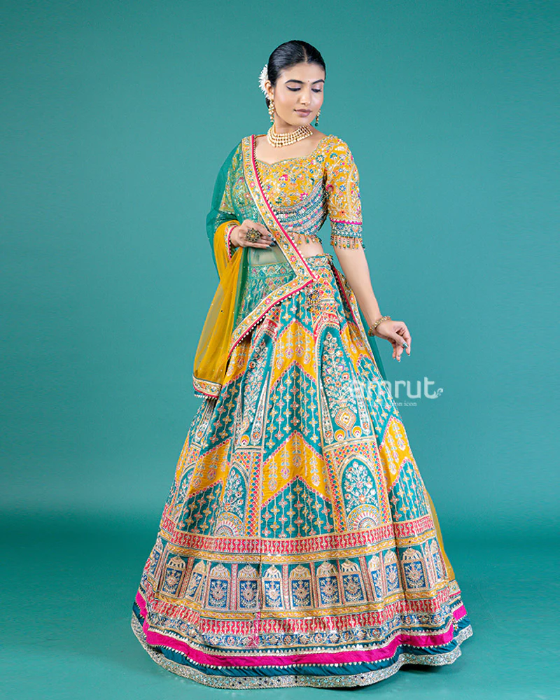 Teal Green and Mustard Yellow Embroidered Lehenga Choli with Yellow Dupatta - Image 4