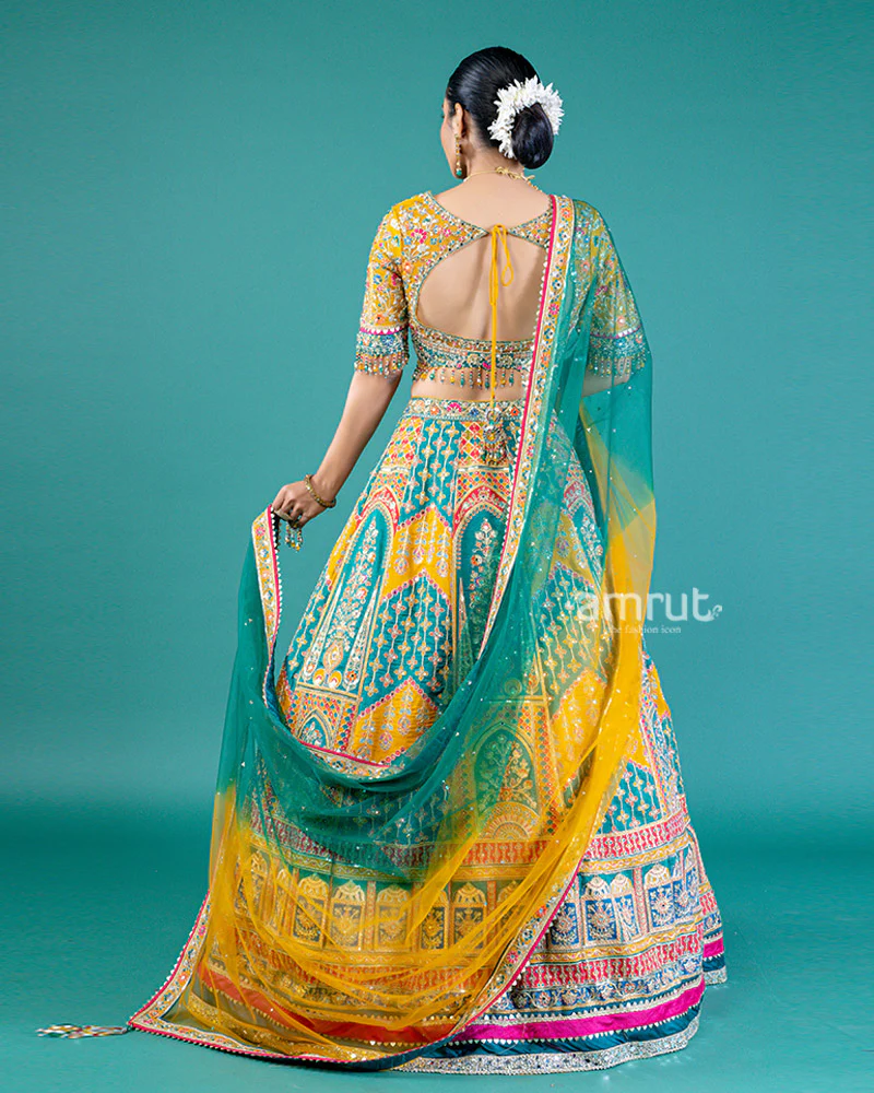 Teal Green and Mustard Yellow Embroidered Lehenga Choli with Yellow Dupatta - Image 5