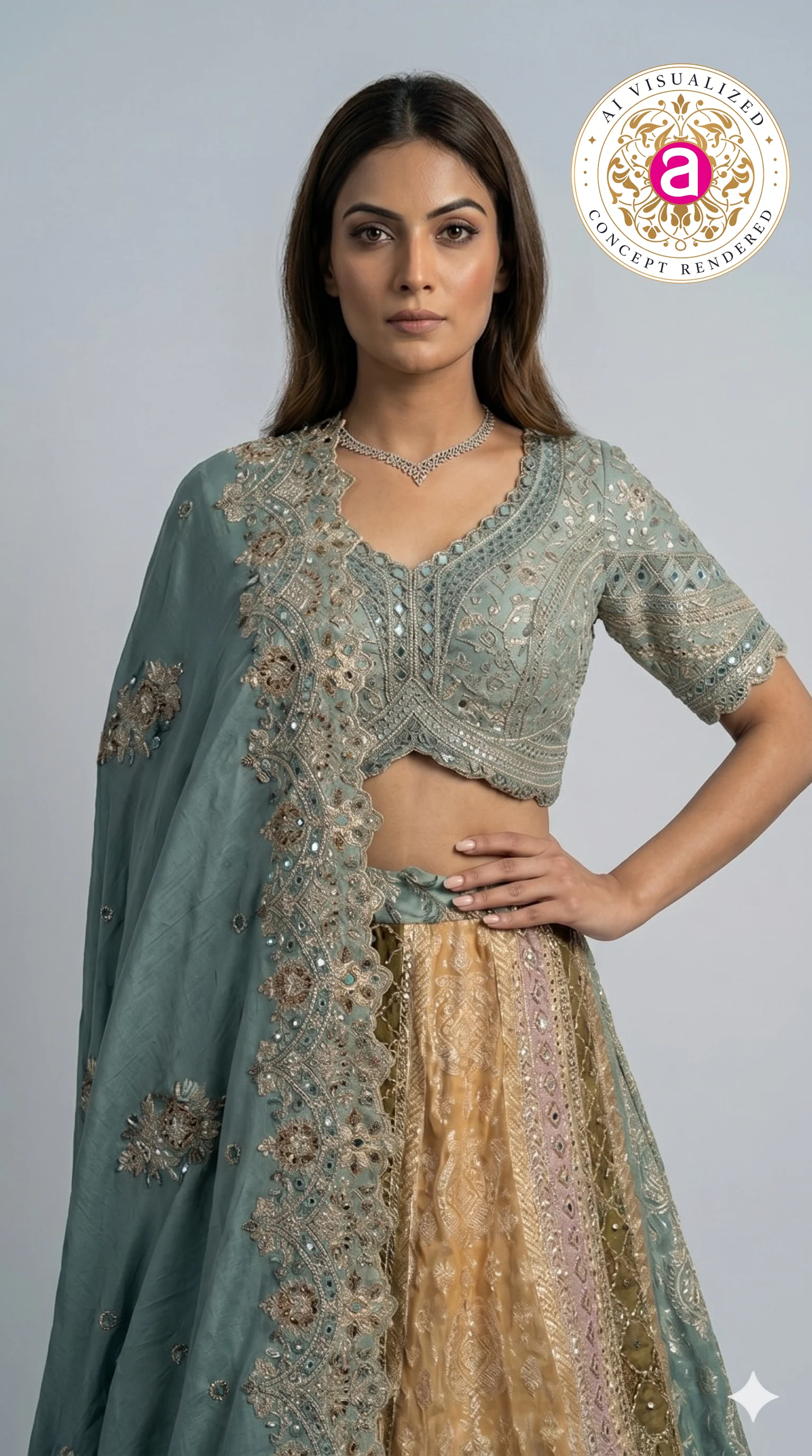 Teal Green & Antique Gold Banarasi Designer Lehenga Choli with Embroidered Dupatta - Image 2