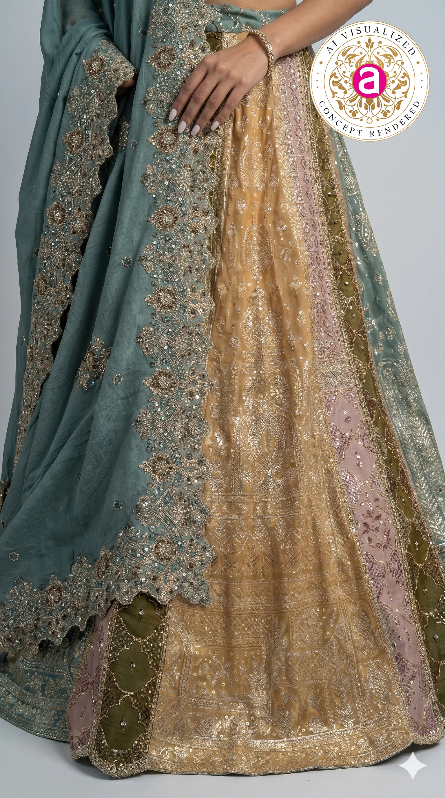 Teal Green & Antique Gold Banarasi Designer Lehenga Choli with Embroidered Dupatta - Image 3