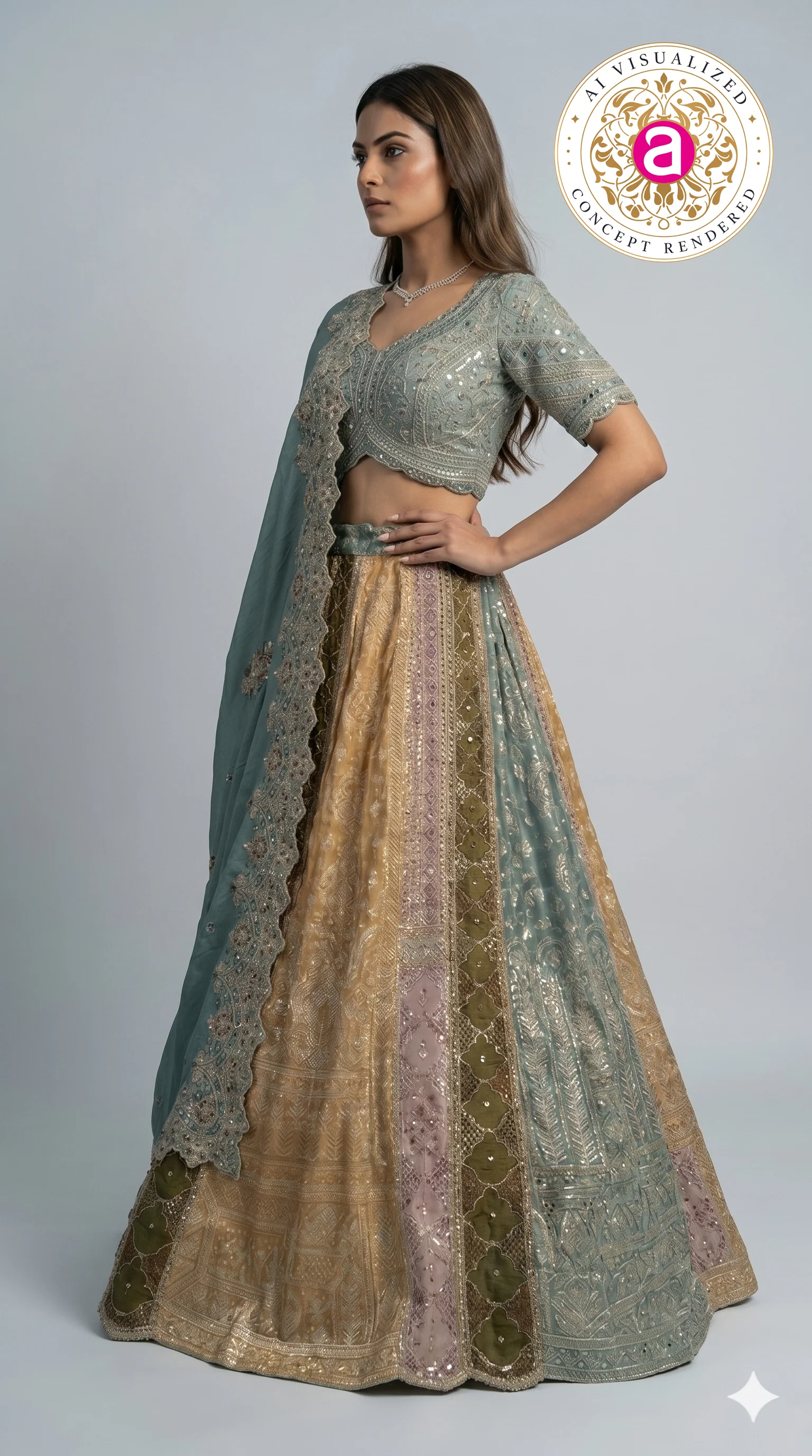 Teal Green & Antique Gold Banarasi Designer Lehenga Choli with Embroidered Dupatta - Image 4