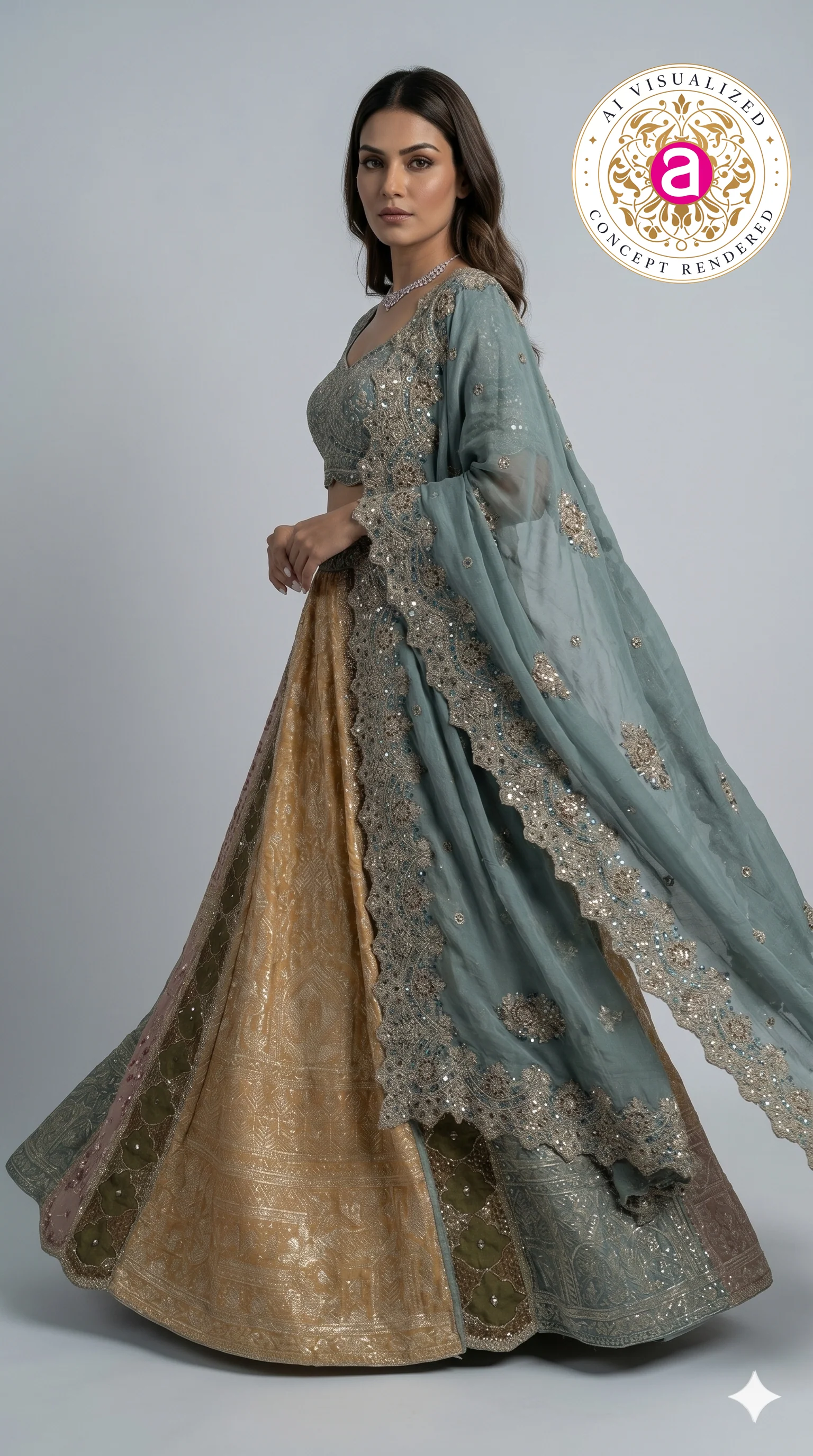 Teal Green & Antique Gold Banarasi Designer Lehenga Choli with Embroidered Dupatta - Image 5