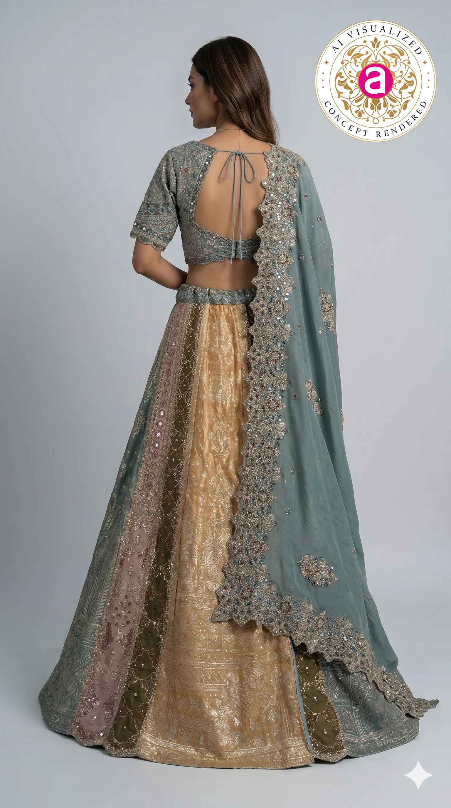 Teal Green & Antique Gold Banarasi Designer Lehenga Choli with Embroidered Dupatta - Image 6