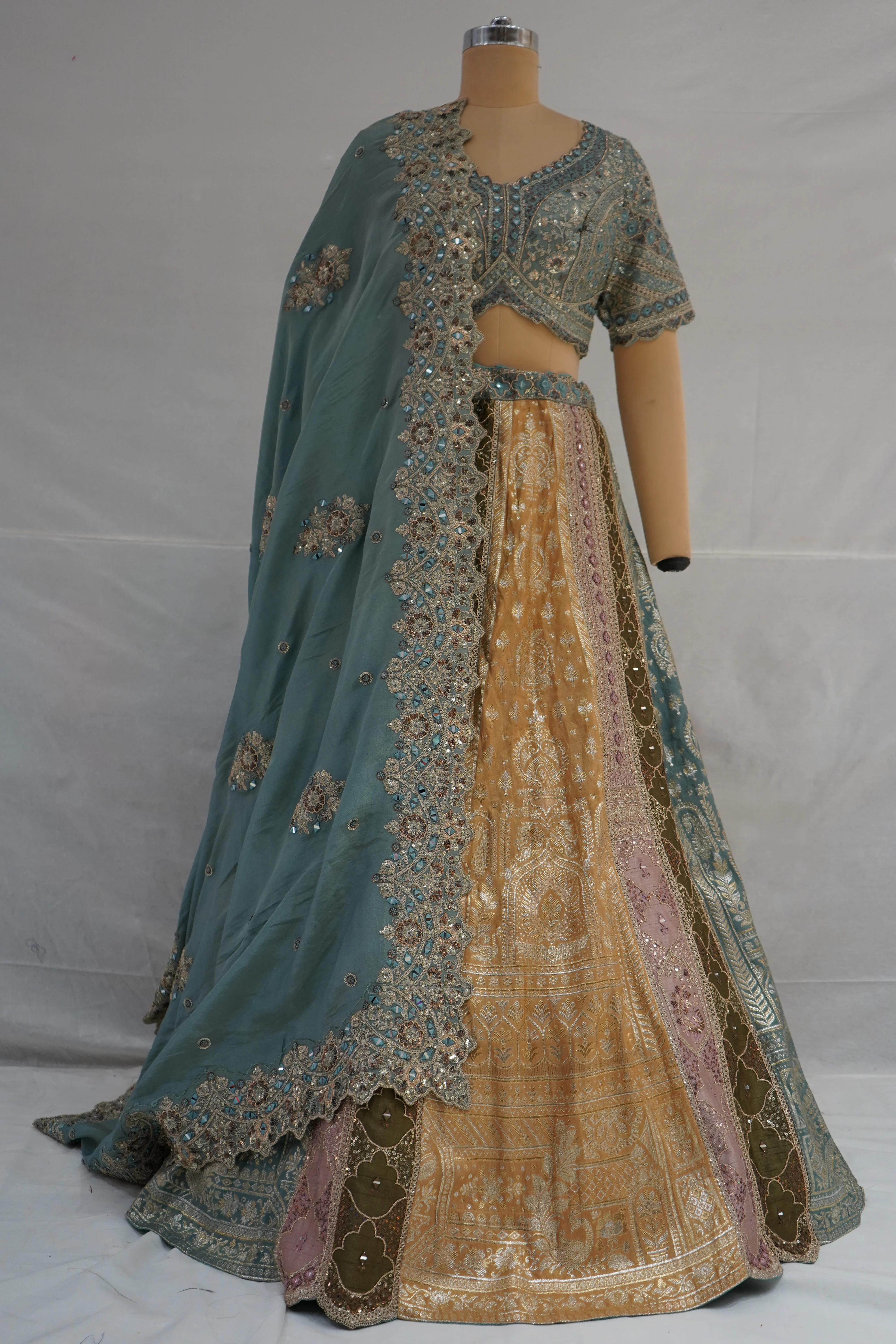 Teal Green & Antique Gold Banarasi Designer Lehenga Choli with Embroidered Dupatta - Image 7