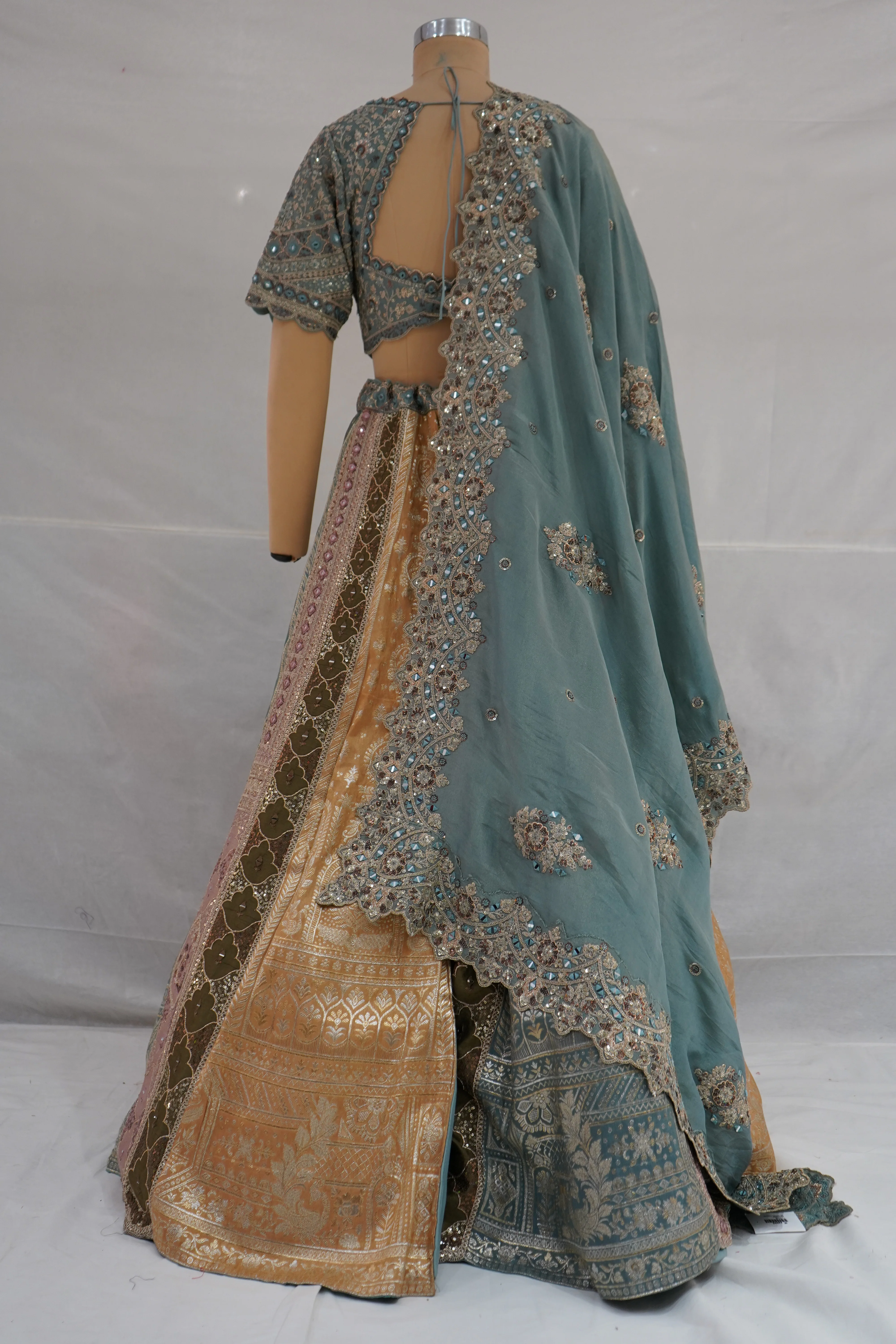 Teal Green & Antique Gold Banarasi Designer Lehenga Choli with Embroidered Dupatta - Image 8