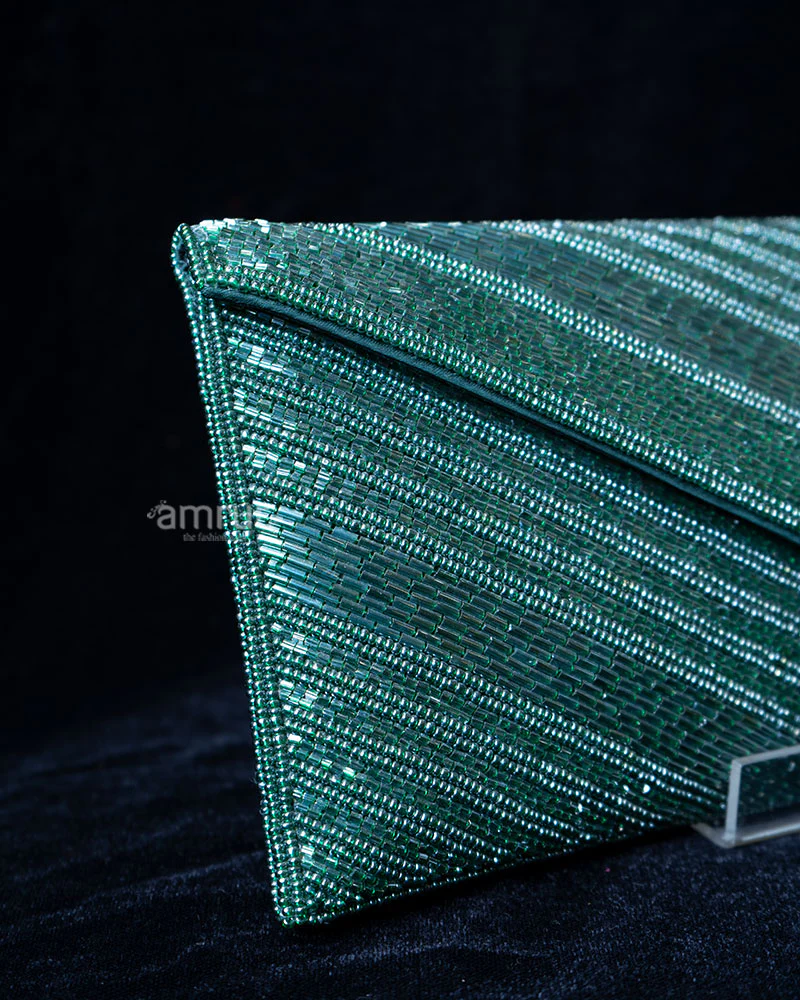 Teal Green Beaded Envelope Clutch Purse - Image 2