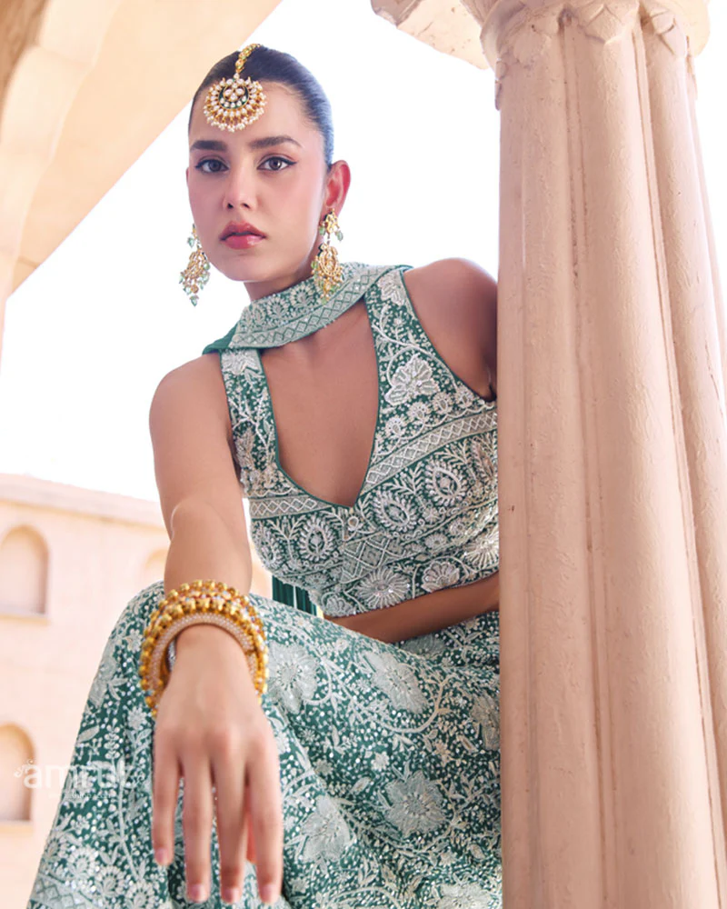 Teal Green Georgette Indo-Western Set - Image 4