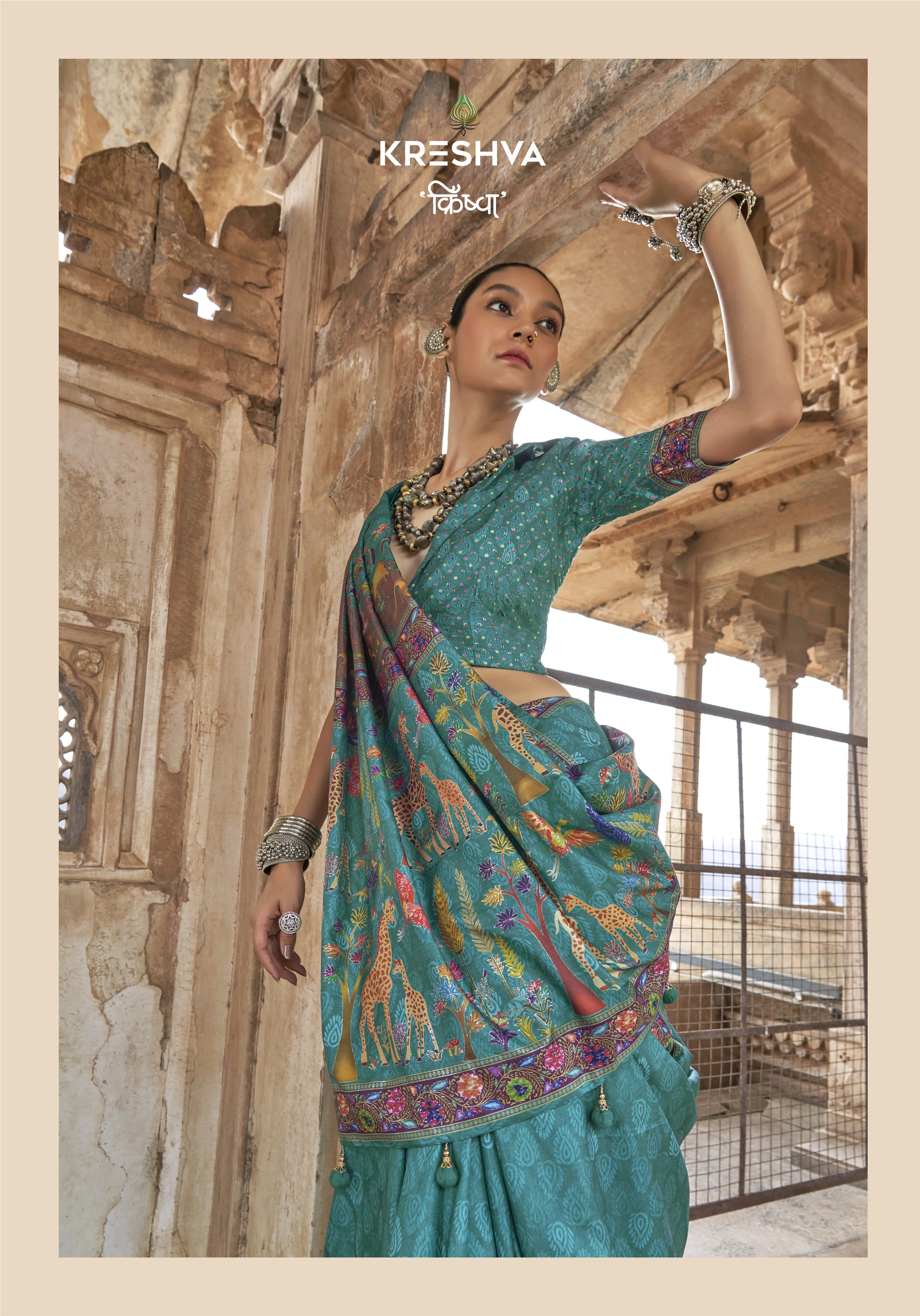 Teal Green Pashmina Inspired Designer Saree with Heritage Animal Border - Image 2