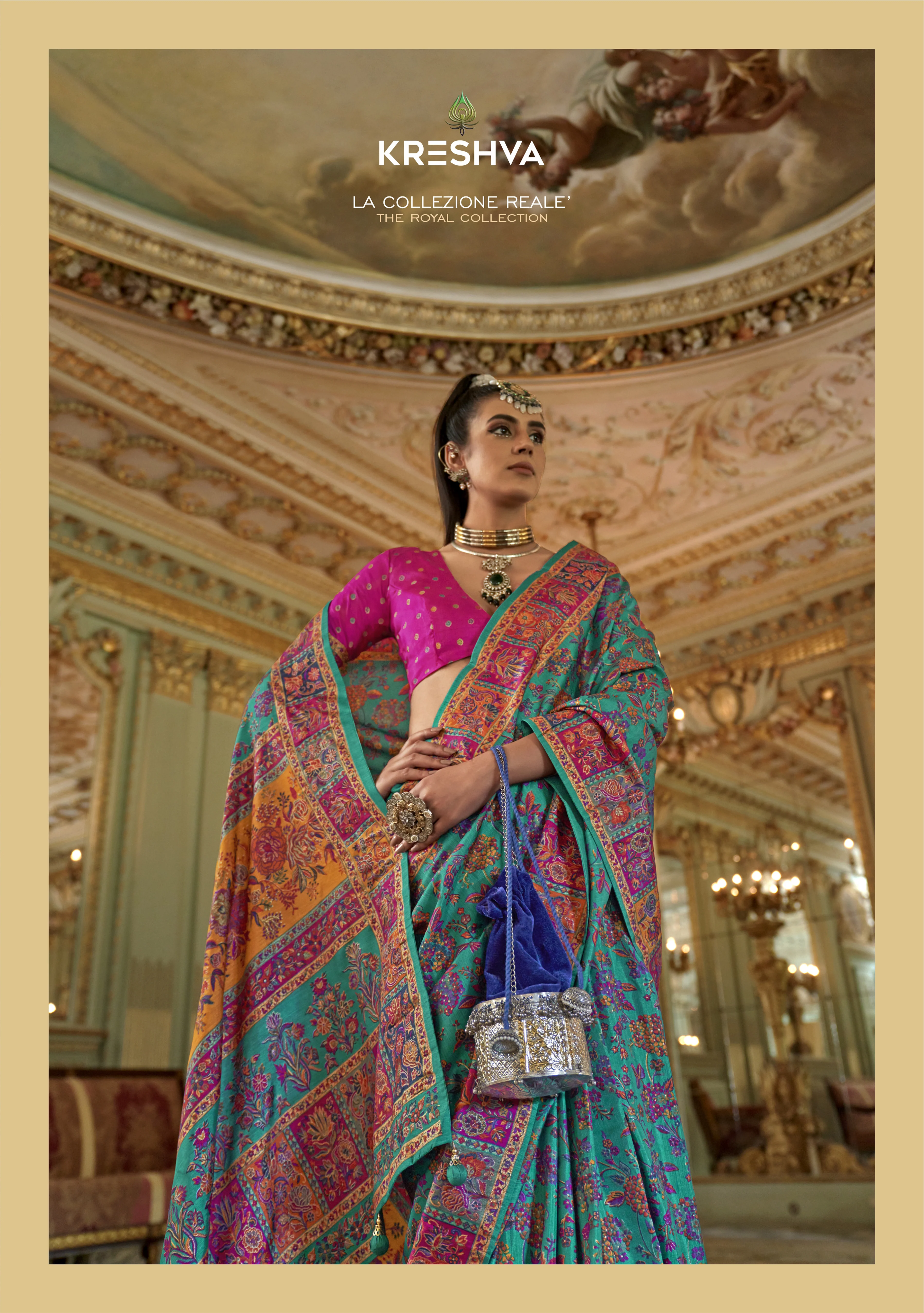 Teal Green Pashmina Inspired Heritage Print Saree with Rani Pink Blouse - Image 2
