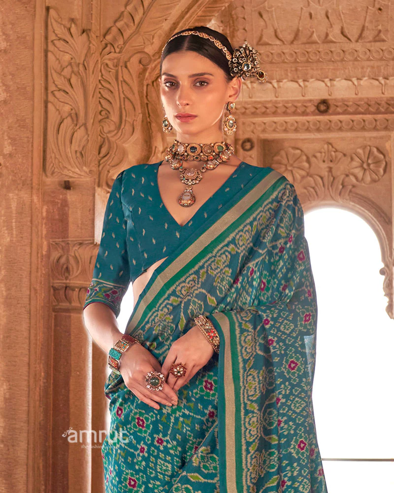 Teal Green Patola Printed Saree with Golden Zari Border and Unstitched Blouse - Image 2
